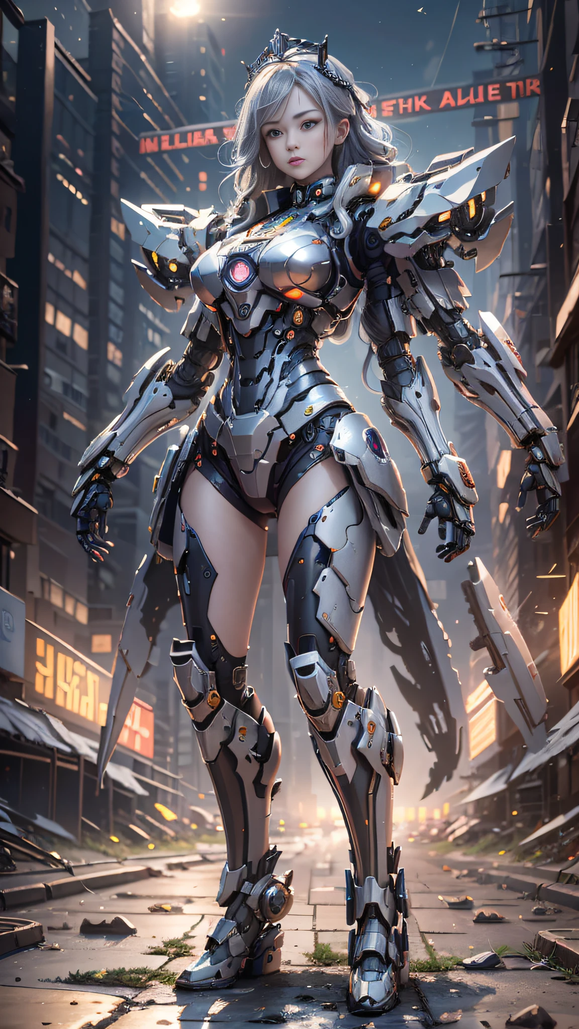 (Best Quality)), ((Masterpiece)), (Very Detailed: 1.3), 3D, master chef-mecha, Beautiful cyberpunk woman wearing crown, with master chef style armor, sci-fi technology, HDR (High Dynamic Range), ray tracing, nvidia RTX, super resolution, unreal 5, subsurface scattering, PBR texture, post-processing, anisotropic filtering, depth of field, maximum sharpness and sharpness, multi-layer texture, Specular and albedo mapping, surface shading, accurate simulation of light-material interactions, perfect proportions, octane rendering, duotone lighting, low ISO, red balance, rule of thirds, wide aperture, 8K RAW, high efficiency subpixels, subpixel convolution, light particles, light scattering, Tyndall effect, very sexy, full body, battle pose, silver hair with braids,