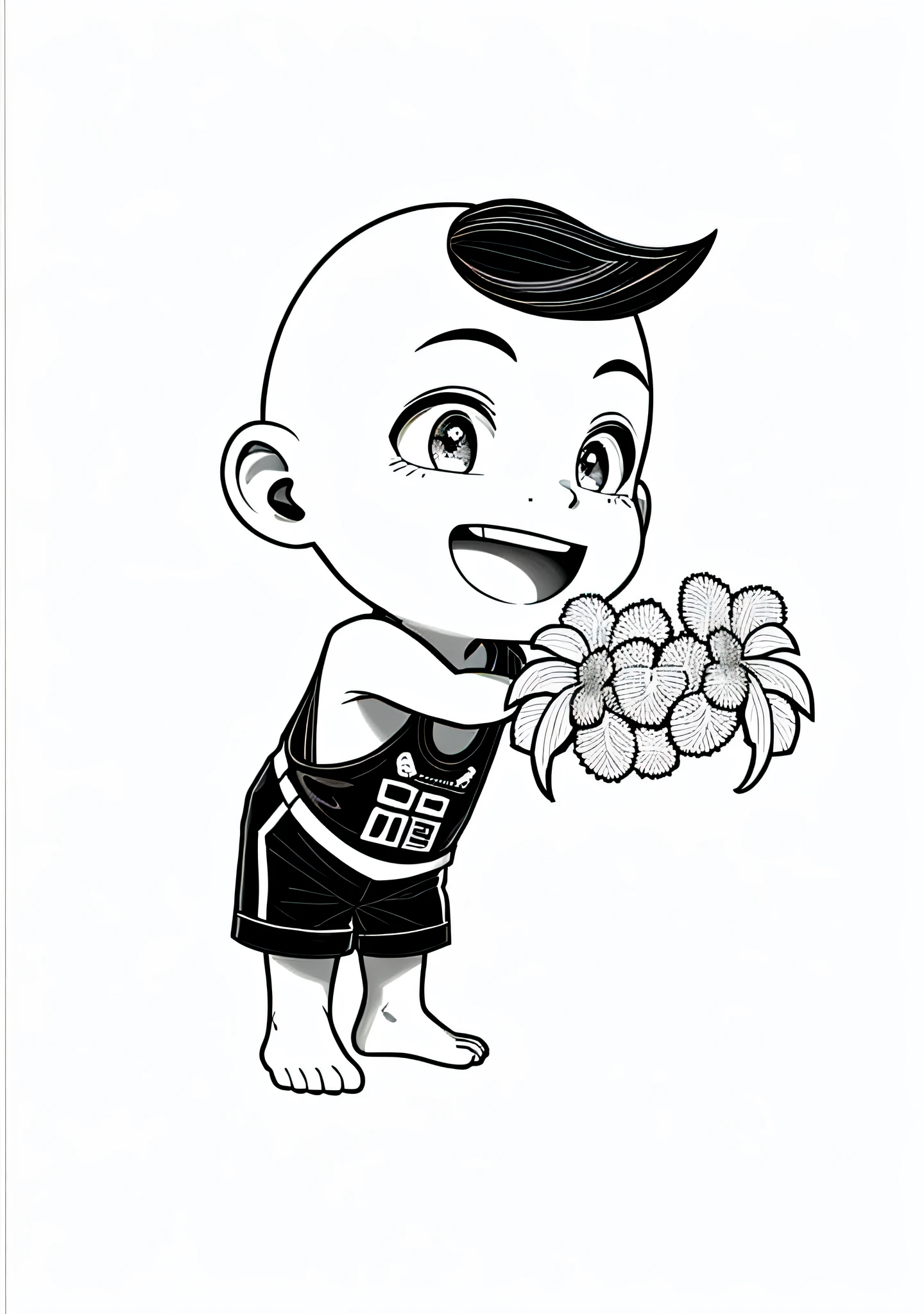 Masterpiece, best quality, 1 boy, solo, bald, look_audience, smiling, holding, black line drawing, monochrome,