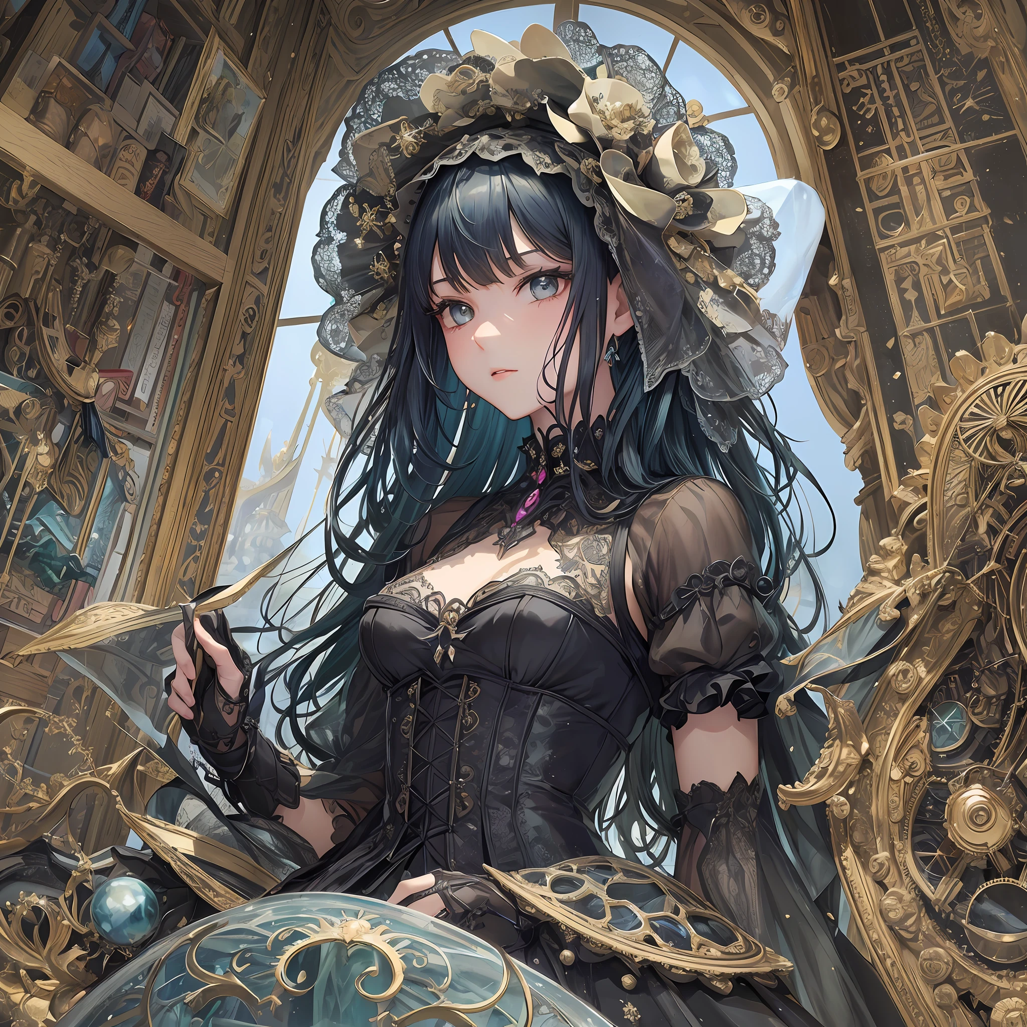 (masterpiece), ((highest quality)),(official art),(beautiful and beautiful:1.2),(Mechanical Gothic girl dress adorned with many gears and jewels, ultra-detailed embroidered dress, mechanical goth, mechanical gothic lolita, ruffles, mechanical white lace veil, gothic bonnet decorated many gears: 1.8),(1 girl: 1.3), upper body, Armpit, a beautiful woman wearing a dress with a detailed and delicate design sealed in a crystal, and Taiki who grows up by taking in the sealed crystal. It shines faintly in the light of the midnight moon. Detailed drawing. Bright colors. Colorful, highest detail ((ultra detail)),(highly detailed 2D illustration),((very delicate and beautiful)))super detail, wakame, wakame, wakame, wakame, wakame, wakame, wakame, wakame, wakame, wakame, wakame, wakame, wakame, wakame, wakame