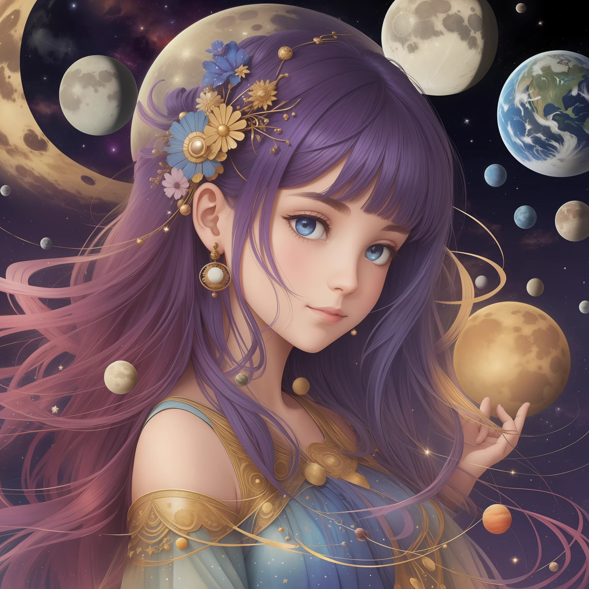planets, moon, comets, use as decoration in the head by a cute cosmos lady