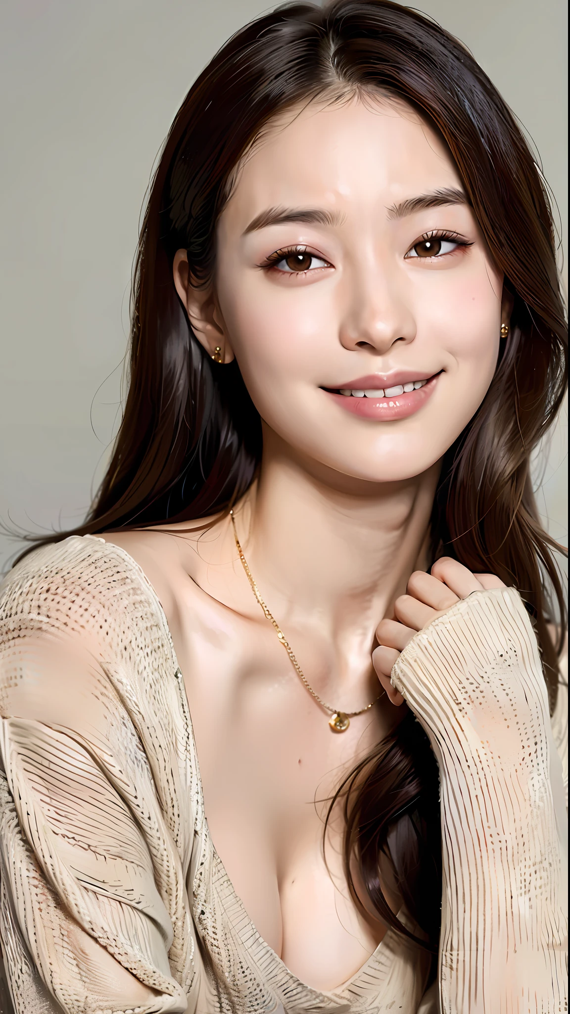 (Best quality, 8k, 32k, masterpiece, UHD: 1.2), beautiful woman, (super beautiful brown hair, small breasts: 1.3), upper body, facial focus, oversized_sweater, necklace, simple background, smile facing the camera