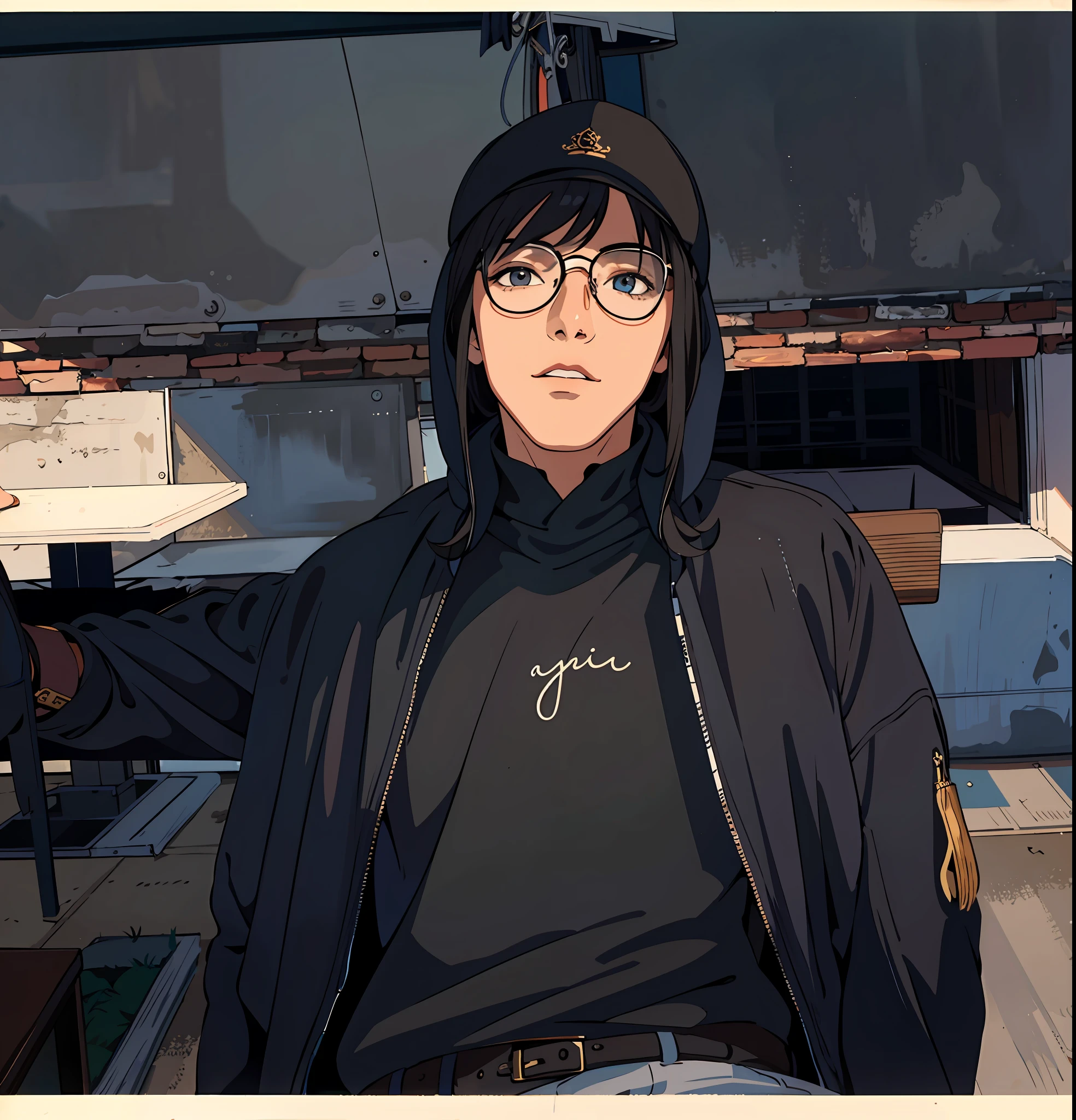 (top quality, masterpiece), 1 boy, 26 years old, stunning, black hair, white skin, glasses, hat, eyes turned upwards
