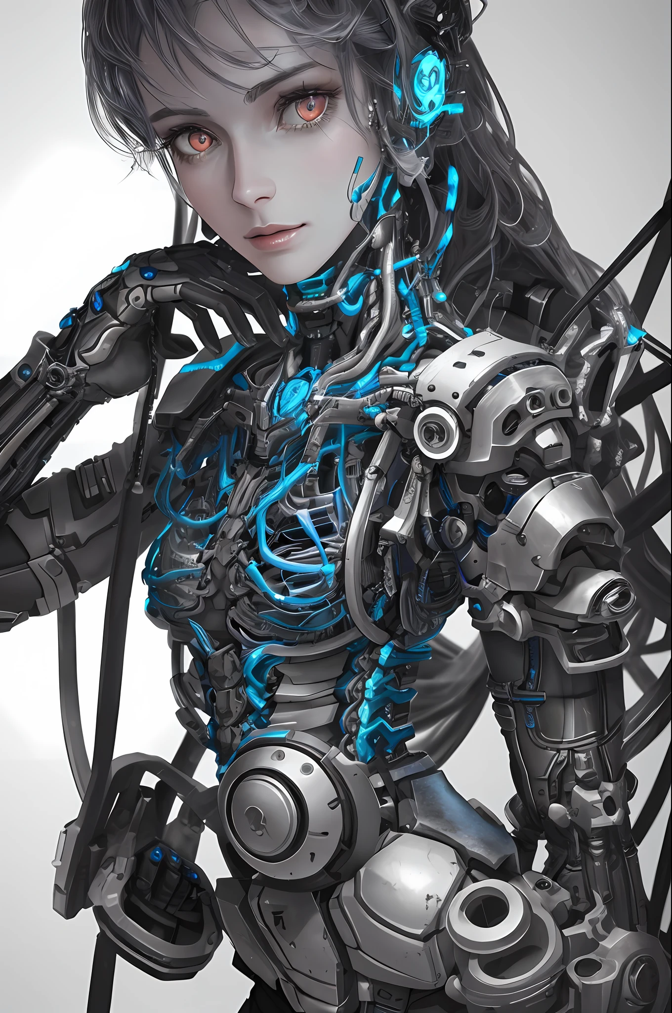 1mechanical girl,((ultra realistic details)), portrait, global illumination, shadows, octane render, 8k, ultra sharp,metal,intricate, ornaments detailed, cold colors, egypician detail, highly intricate details, realistic light, trending on cgsociety, glowing eyes, facing camera, neon details, machanical limbs,blood vessels connected to tubes,mechanical vertebra attaching to back,mechanical cervial attaching to neck,sitting,wires and cables connecting to head