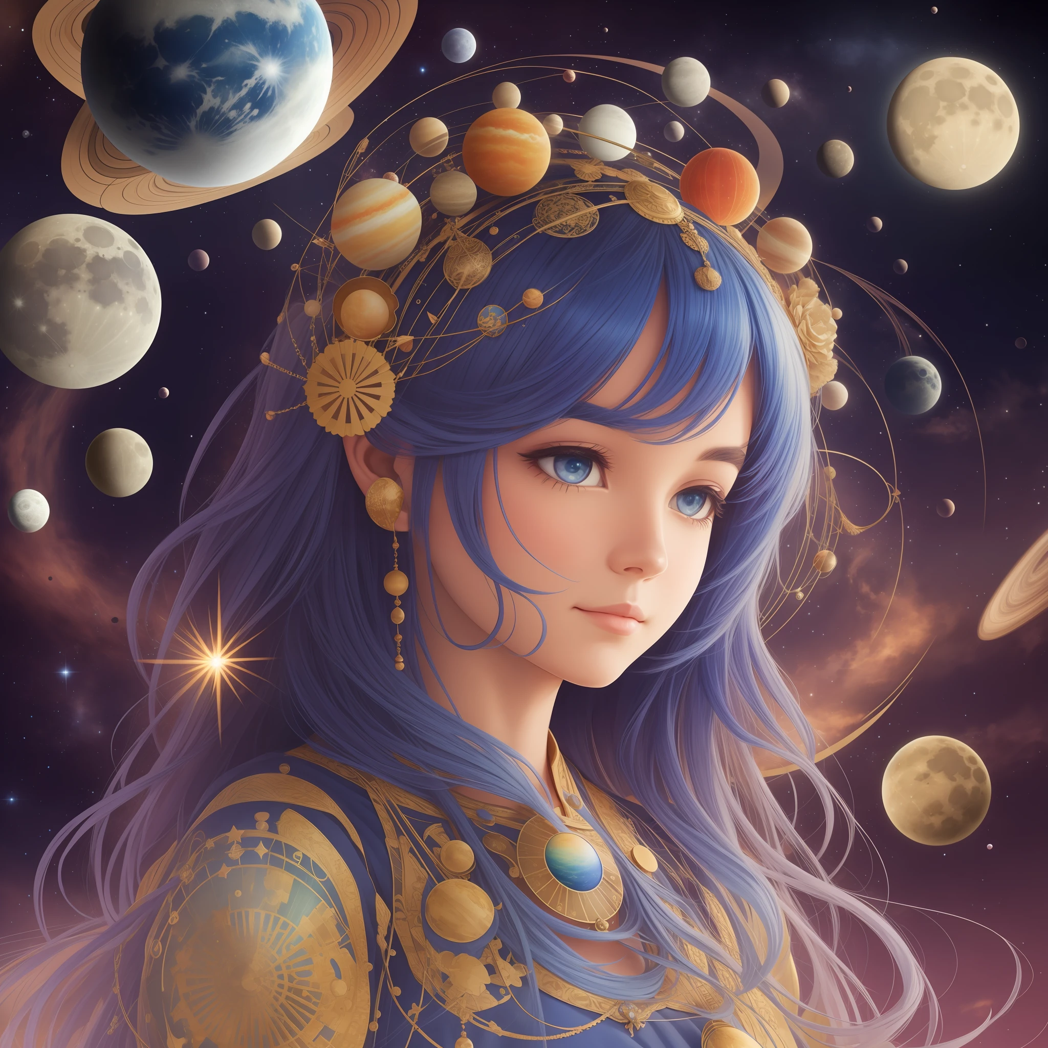 planets, moon, comets, use as decoration in the head by a cute cosmos lady