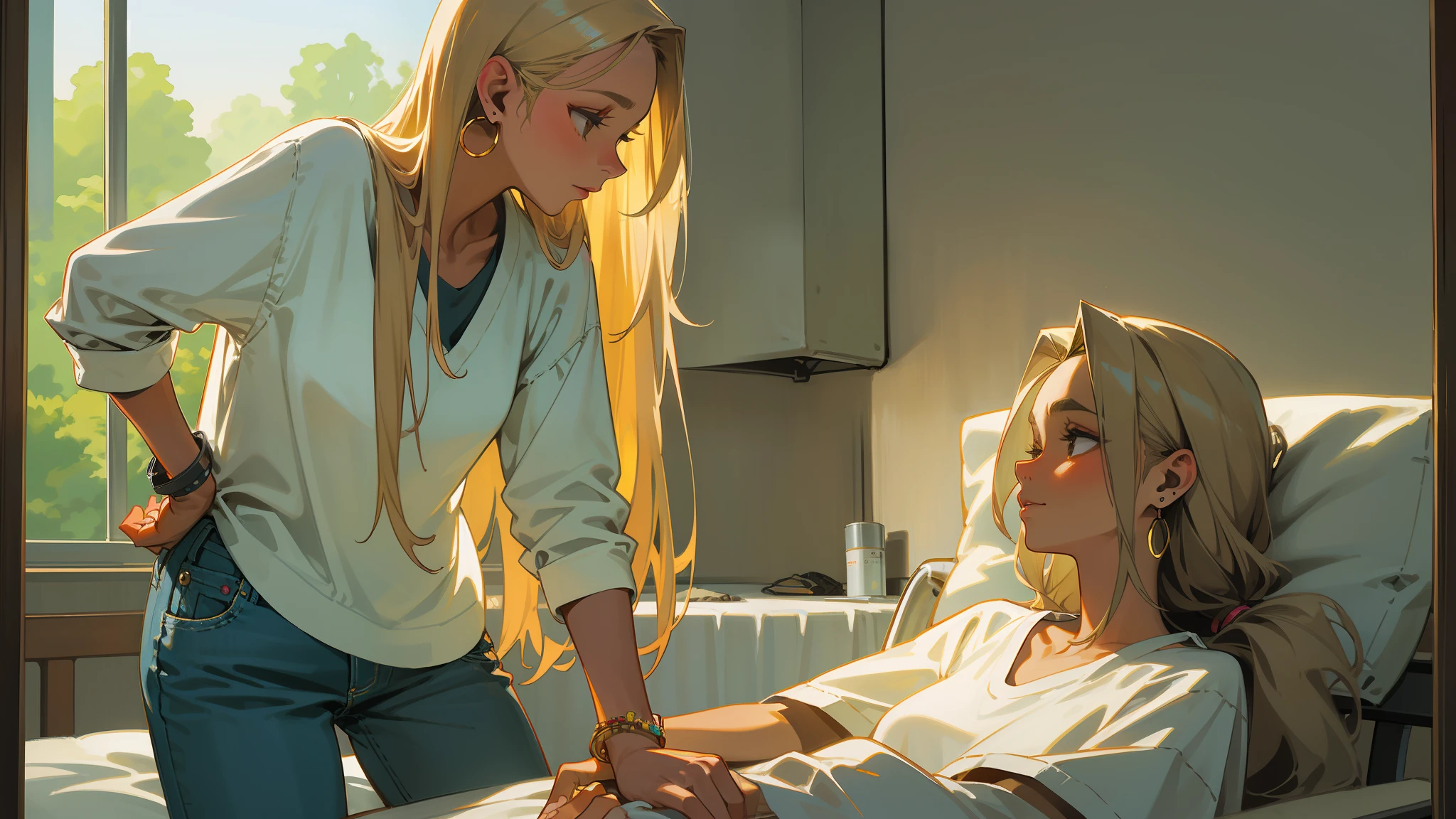 A beautiful young woman of 21 years, standing next to a hospital bed, she is looking at an old woman who is sick and lying in bed, this old woman is the grandmother of the young woman, the young woman has long straight hair, medium blonde color, light brown eyes with makeup, tanned skin. long-sleeved shirt, jeans, hoop earring, Vans sneakers, bracelets on the right wrist, silver watch on the left wrist, side profile view, hospital room scenery