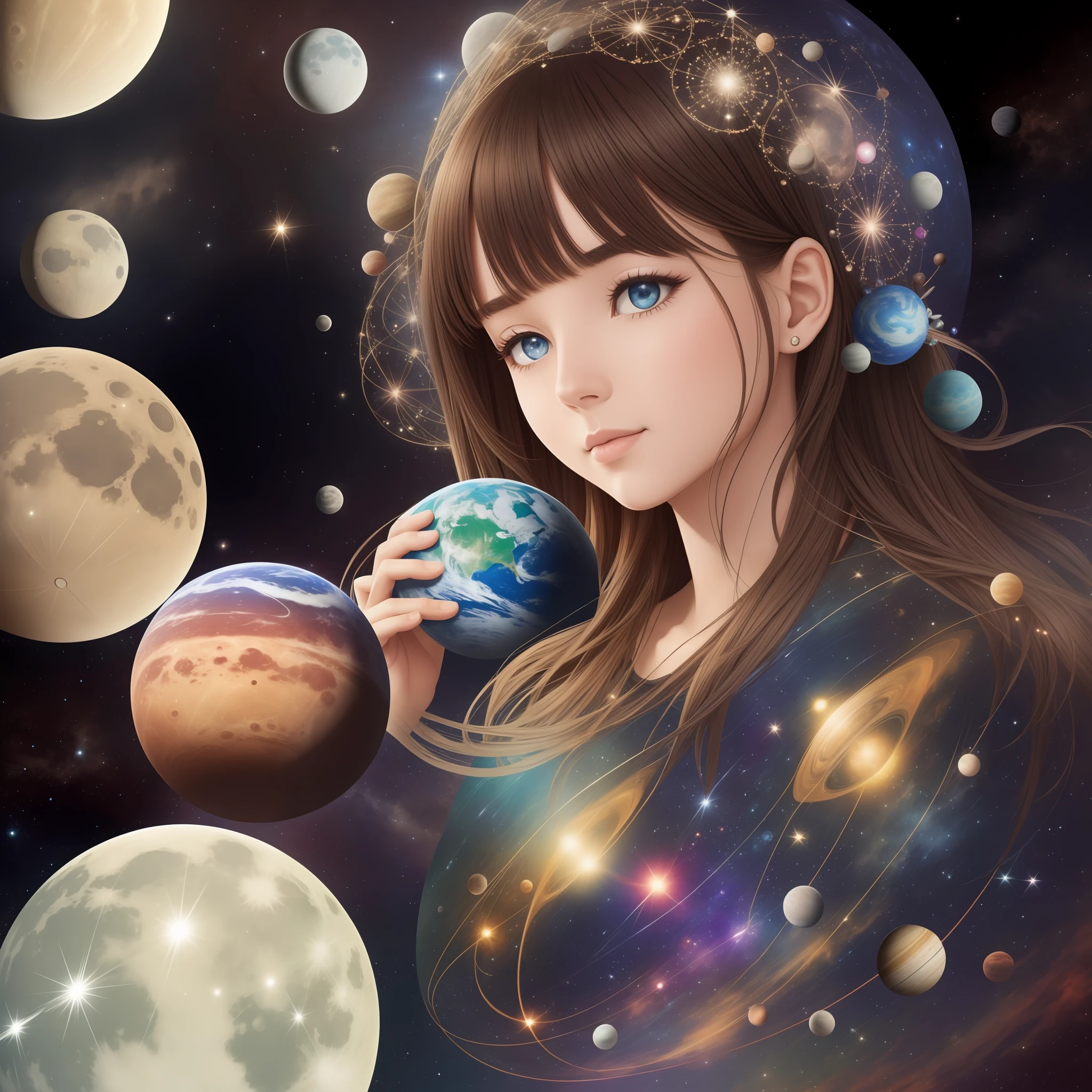 planets, moon, comets, use as decoration in the head by a cute cosmos lady