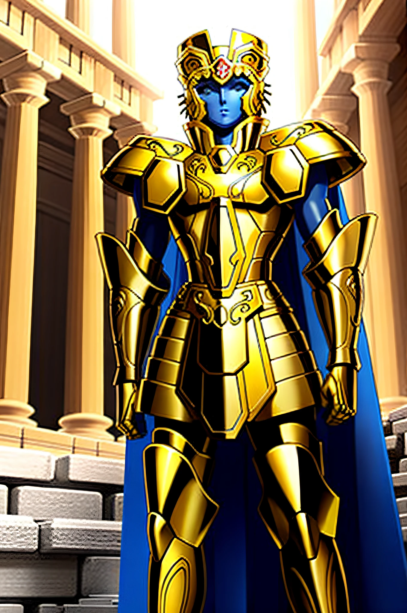 Gemini armor, gold armor, bright colors) do not head Greek temple, no background, still photography, loop video