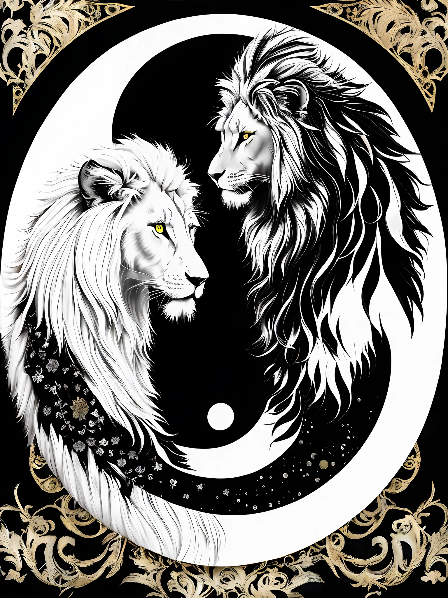 (masterpiece, best quality, ultra-detailed),yin yang symbol art, (white lion:1.2+black lion:1.2), art nouveau style, dynamic posture and vivid details, subtle yin-yang harmony, symbolic colors, (high contrast:0.8+soft lighting:0.9), intricate patterns and designs, (dynamic brush strokes:1.1+abstract shapes), unforgettable masterpiece.