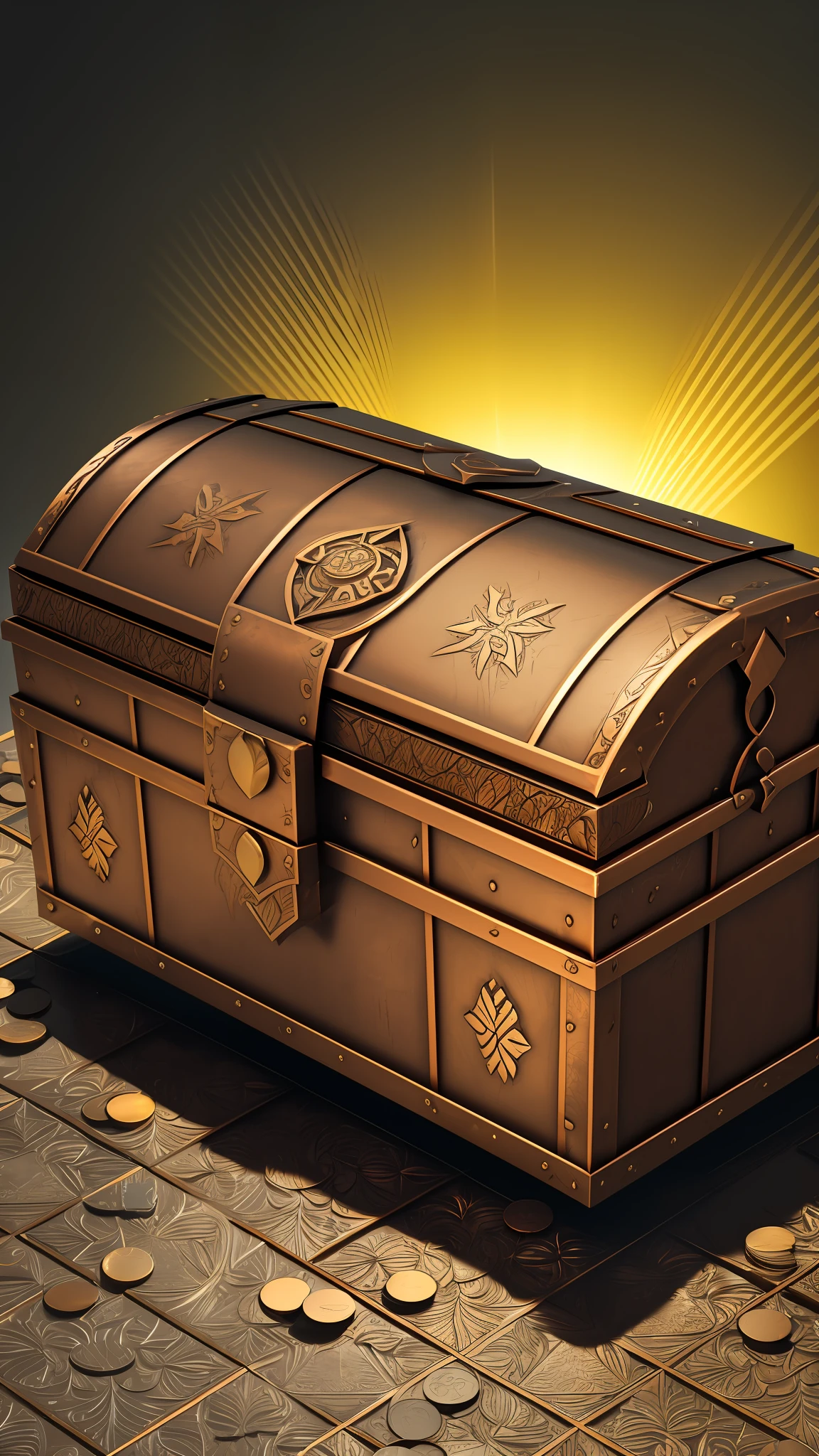 Partially covered lid, treasure chest of copper metal pattern, strewn with gold coins, light source right-to-left, Rembrandt illumination, light source right-to-left, (isometric), (top-down), real scale, post-processing, (((orthogonal perspective)), ultra-detailed, realistic, ultra-realistic, realistic rendering --auto --s2