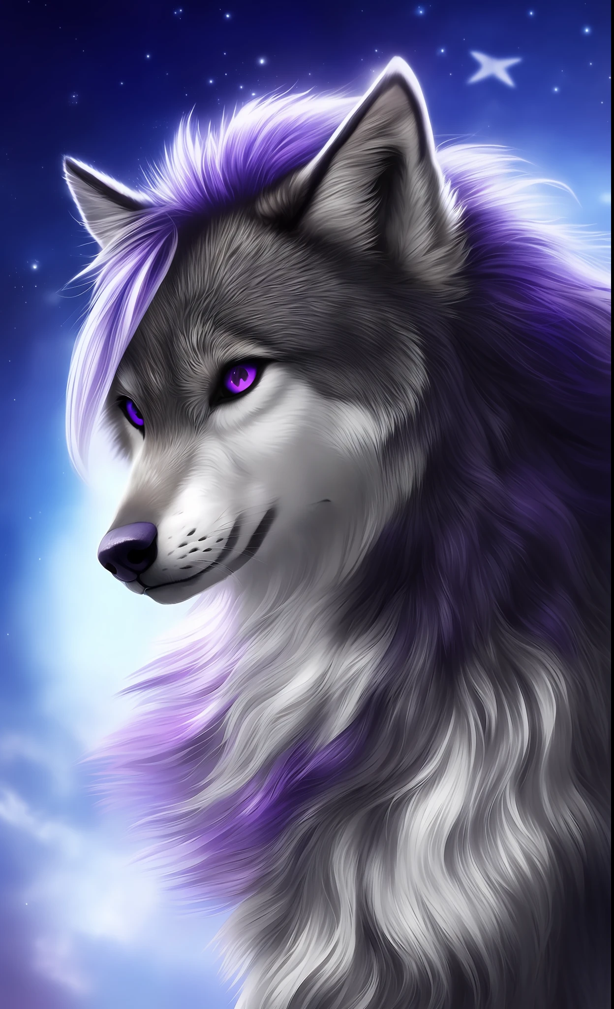 , mammal, solo, fur, anthro, purple eyes, digital media (artwork), looking at viewer, grey fur, detailed, whiskers, detailed fur, grey body, white fur, star, hi res, hair, wolf, white body