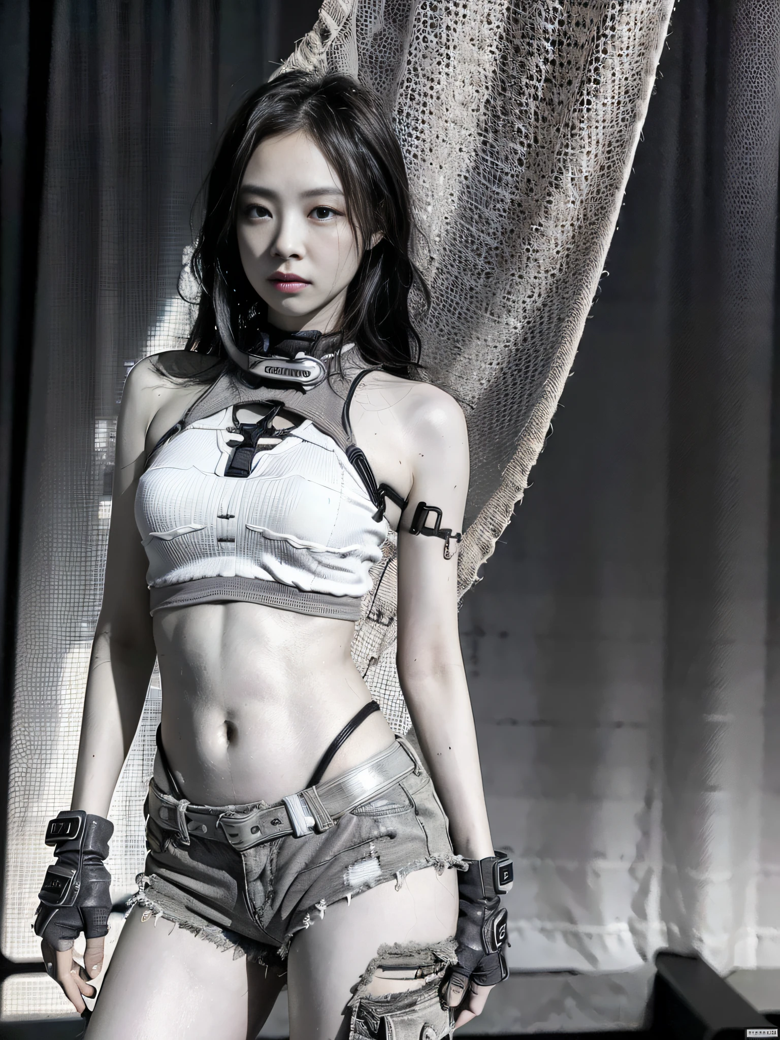 (1girl:1.3), solo, __body-parts__, doomsday wasteland style, sexy, shorts, dusty, stormy, dirty, gray tones, 8k resolution image, intricate symmetrical details. The whole picture is invincible and heroic, mainly a complete picture of a woman standing all over her body, with smooth movements and a confident expression.