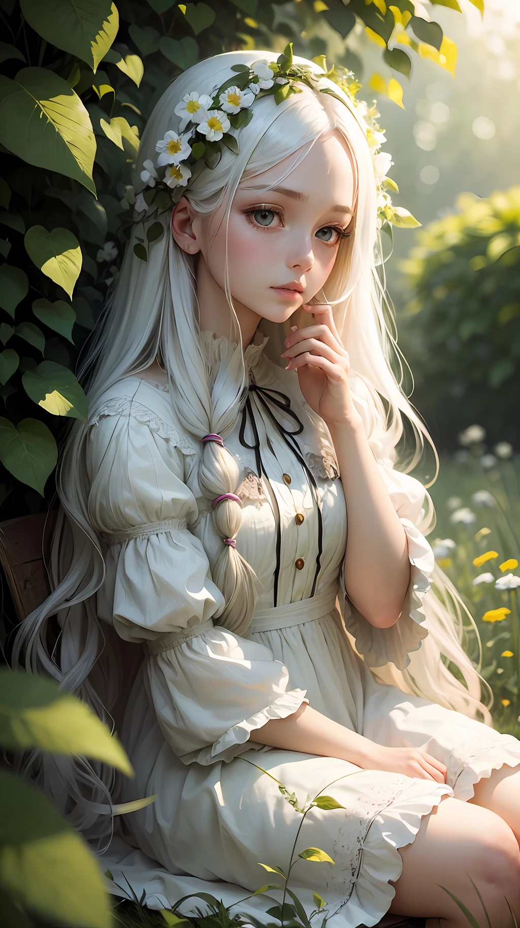 (masterpiece, best quality),1girl with long white hair sitting in a field of green plants and flowers, her hand under her chin, warm lighting, white dress, blurry foreground --auto --s2