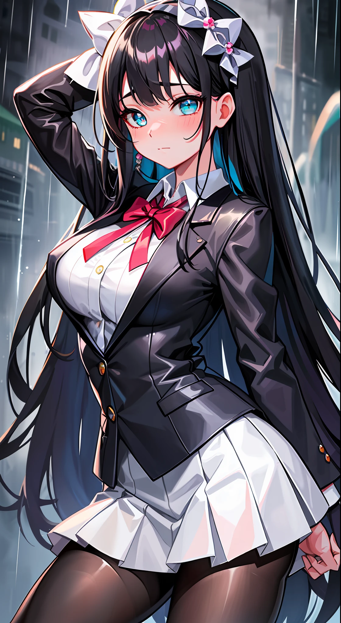 masterpiece, very long hair, best quality, in the rain, rain, kawaii, adorable girl, black hair, beautiful detailed eyes, gradient_eyes, aqua eyes, looking at viewer, laughing, shy, large breasts, miniskirt, white pantyhose, torn pantyhose, hair_bow, hair ornament, undressing, school uniform,