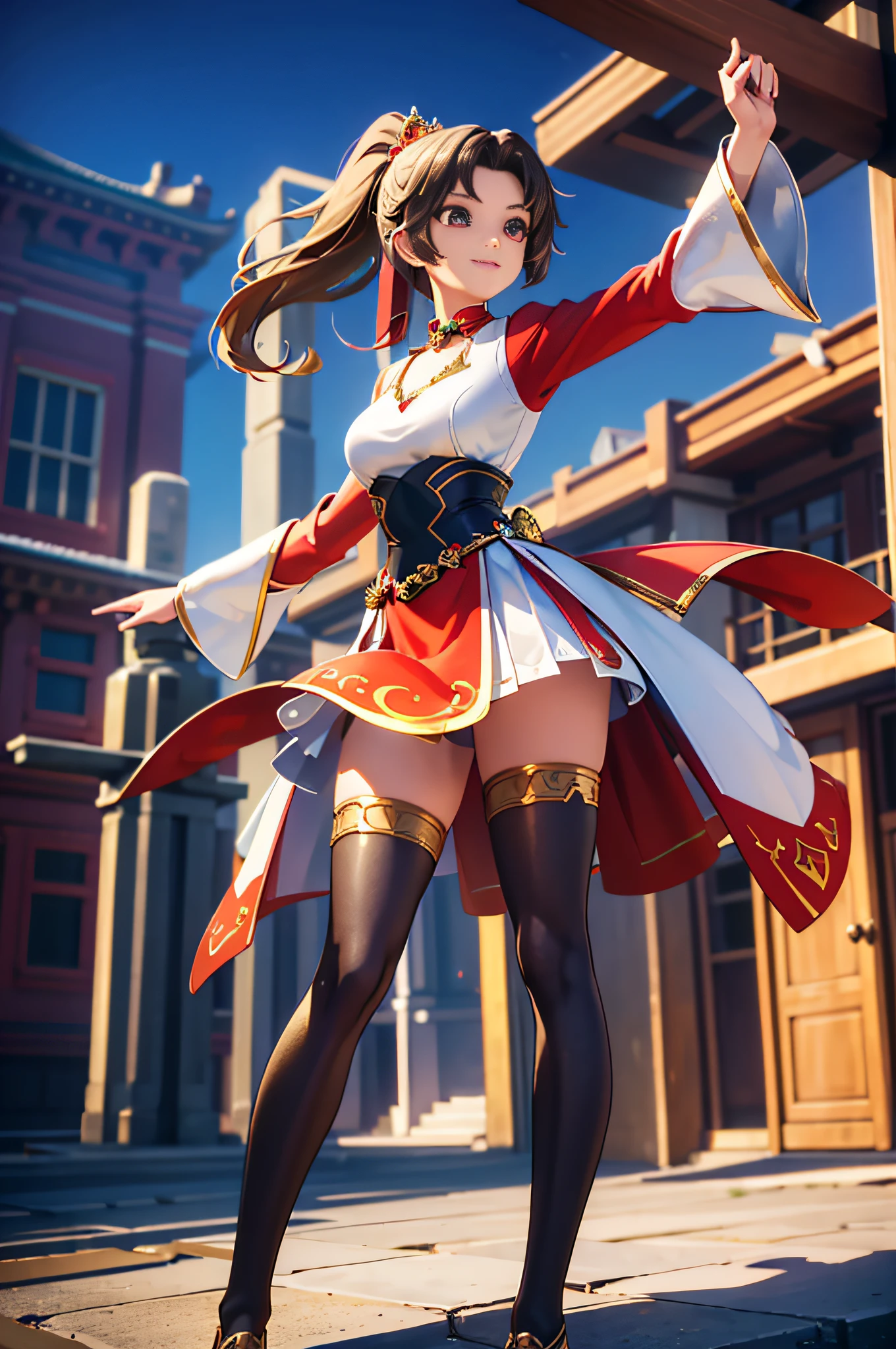 (masterpiece:1.4), (masterpiece, best quality, everyday life in the cloud kingdom), {cinematic lighting}, (illustration:1.5), {beautiful detailed eyes:1.4}, (hyper intricate fine detail), (extremely delicate and beautiful woman: 1.2), (delicate and beautiful cute face: 1.3), (happy face), (a girl standing in front of a charming cityscape and looking at the audience in a very cute pose: 1.3), glowing eyes, shiny hair, shiny skin, solo, ponytail, blonde hair ornament, red and green collar, 8k, wallpaper, big breasts, red coat, fishnet socks