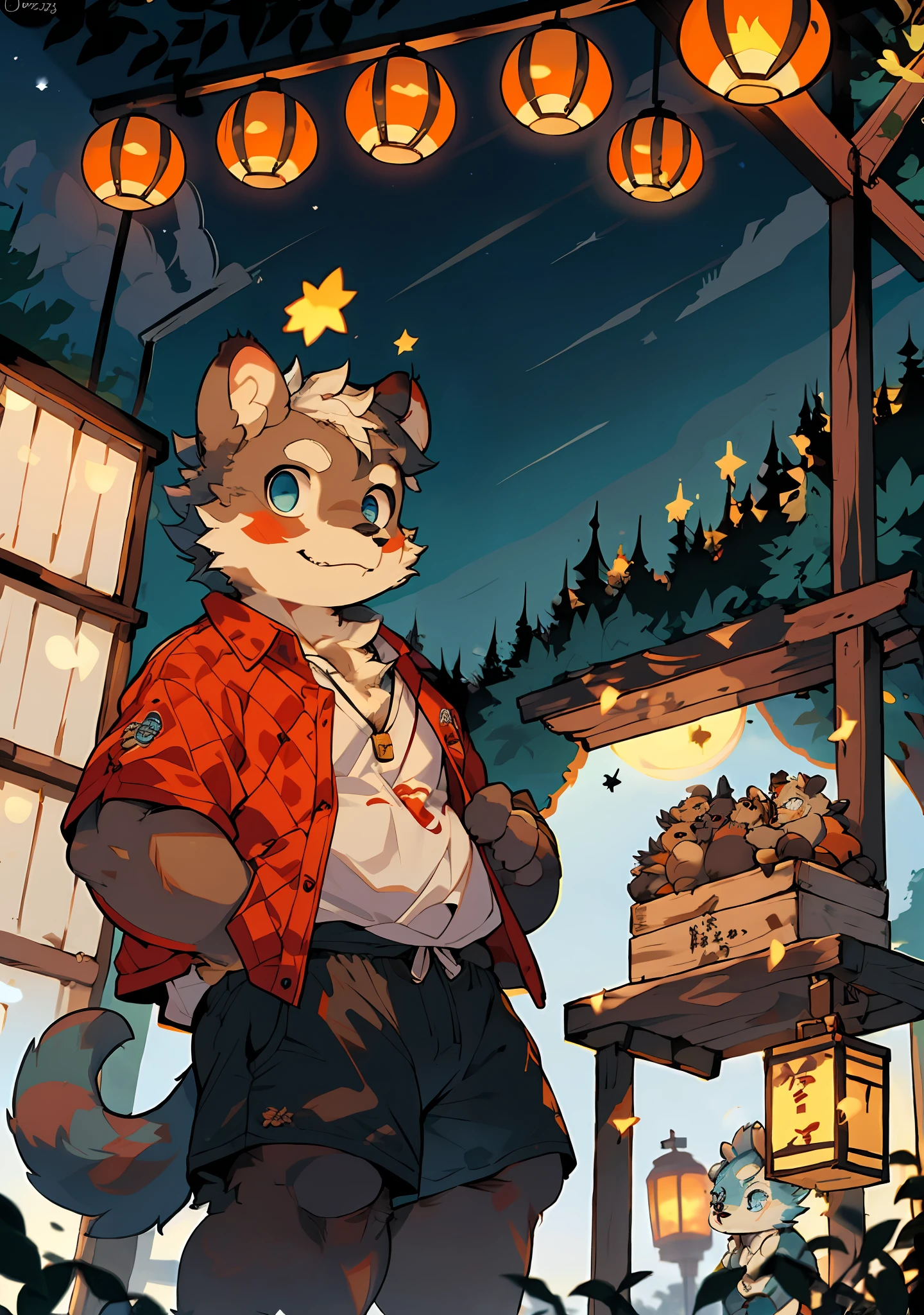 (At night), a little bear orc is playing the festival, the little bear orc is only wearing a yellow-blue vest and an orange shorts, the bear orc is fatter, with white fur and blue eyes, there is a barbecue stall on the left of the bear orc, with chicken wings ham and lamb on it, there is also a row of lanterns on the barbecue stall, the barbecue stall is a tiger orc, the tiger orc has yellow fur, wearing a pair of black shorts, the bear orc has a wooden frame on the left, there are various wooden signs for blessings on the wooden frame, and there are also several shelves next to the wooden frame, It is full of lanterns, and in the distance behind the little bear orcs is a lake, and there are many Kong Ming lanterns in the sky