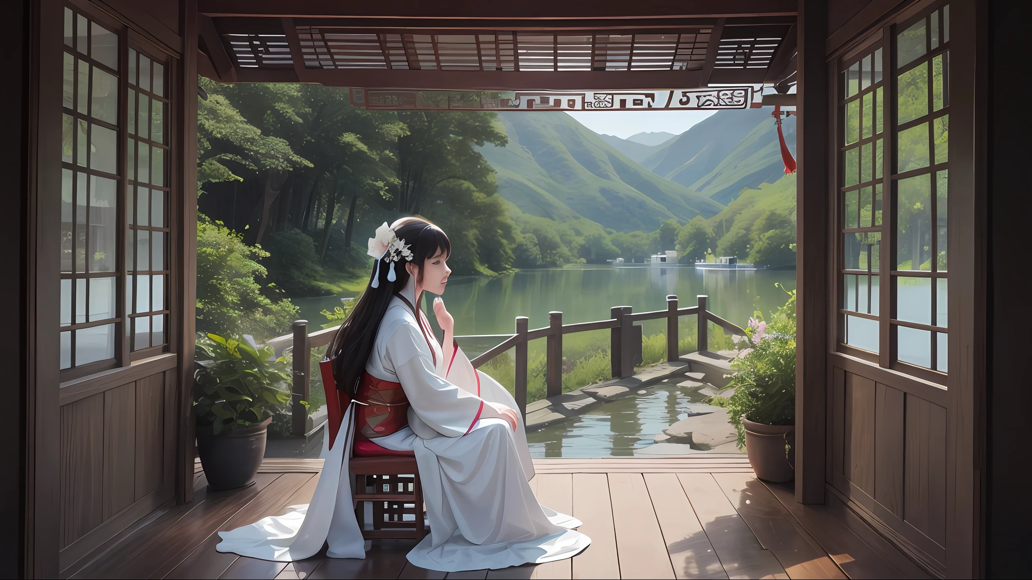 Chinese ancient style, in the pavilion by the lake, a woman wearing a traditional white Hanfu in ancient Chinese style, the woman sits on a chair in the pavilion, the woman looks at the lake, the background vista has a tall tower standing on the surface of the mountain, there are lotus flowers in the lake, there is a bridge across the lake above the lake, the sky is drizzling, the rain is clearly visible, observe the woman from the side, the woman looks in a trance,