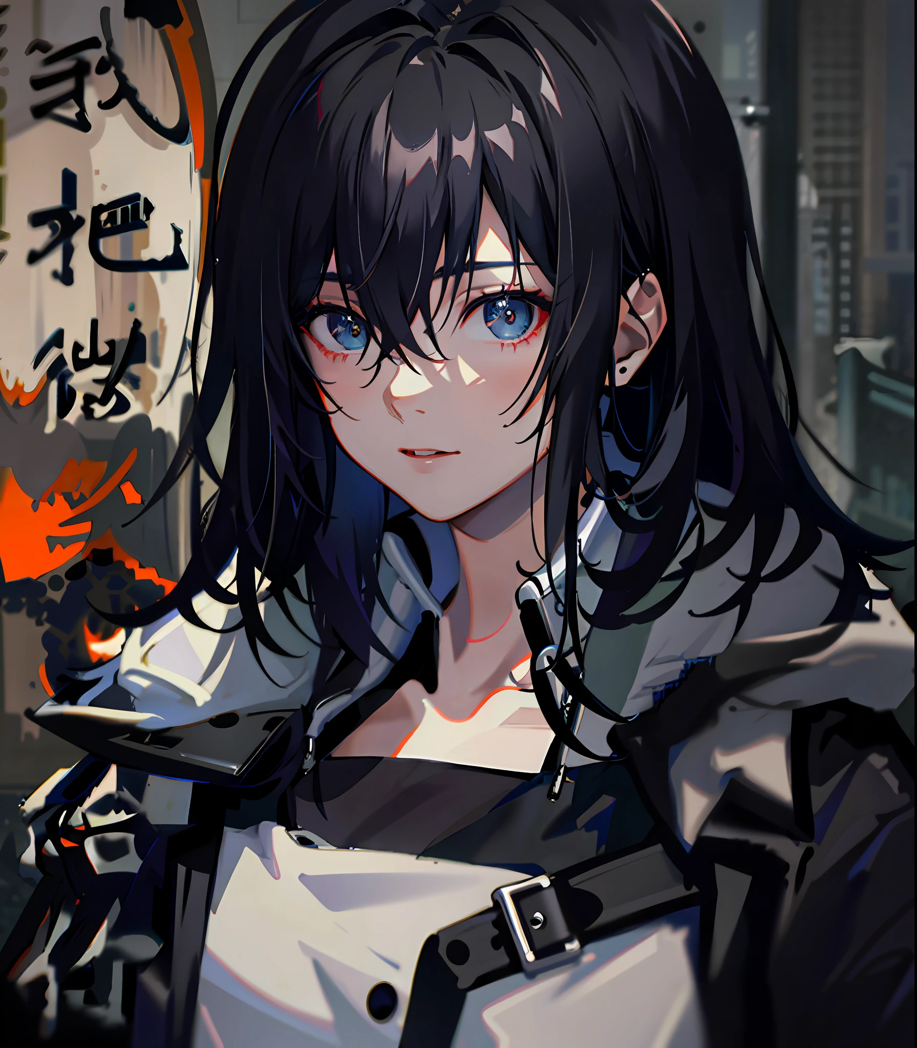 1girl, jacket, rain, outdoor, hoodie, open jacket, chain, backpack, looking at another, messy hair, trending on artstation, 8k resolution, highly detailed, anatomically correct, sharp image, digital painting, concept art, trending on pixiv, style of makoto shinkai,