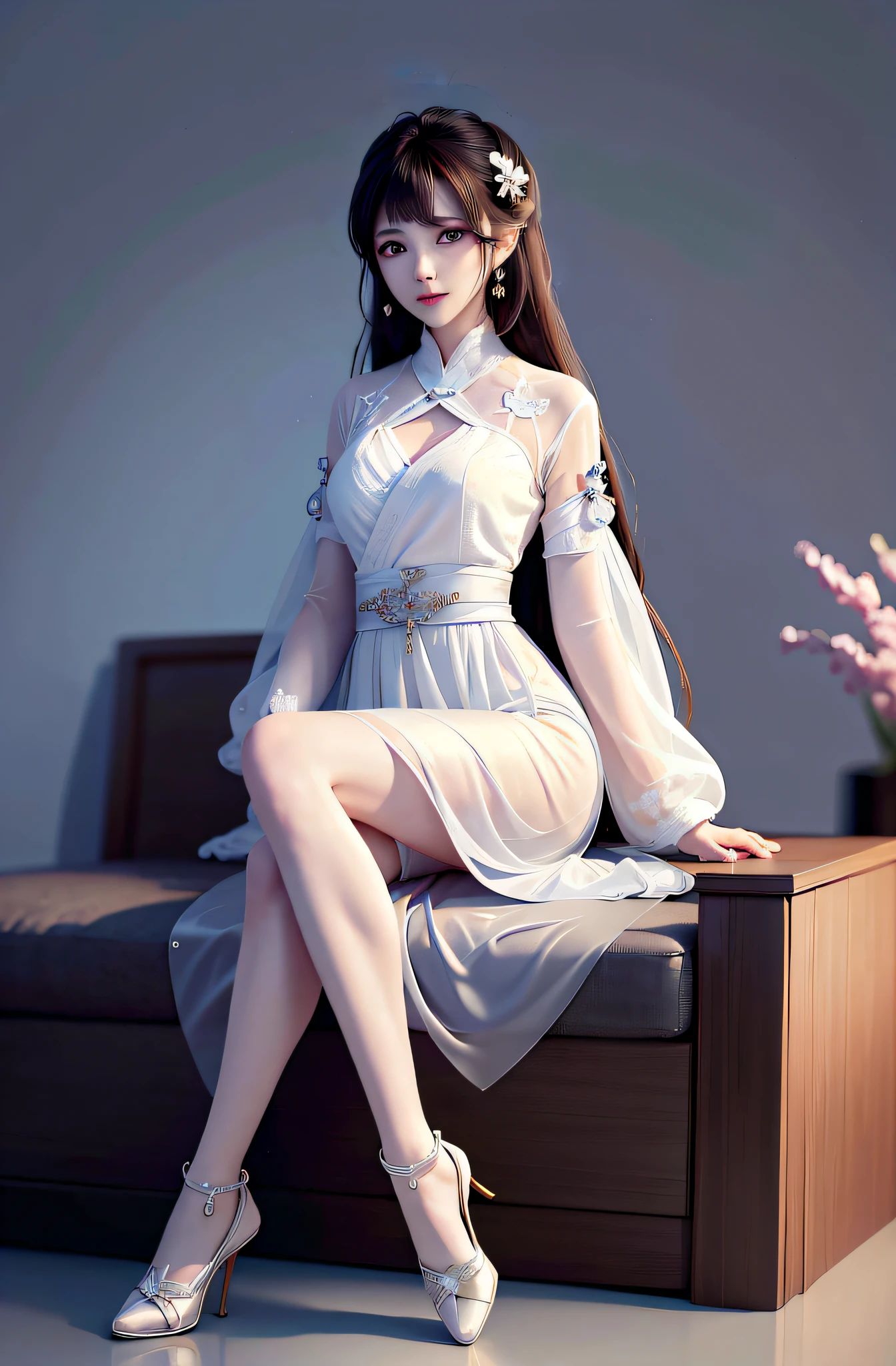 there is a woman sitting on a couch wearing a white dress, cute elegant pose, palace ， a girl in hanfu, trending on cgstation, cute anime waifu in a nice dress, full body xianxia, beautiful alluring anime woman, a beautiful fantasy empress, white hanfu, stunning elegant pose, elegant cinematic pose, artwork in the style of guweiz