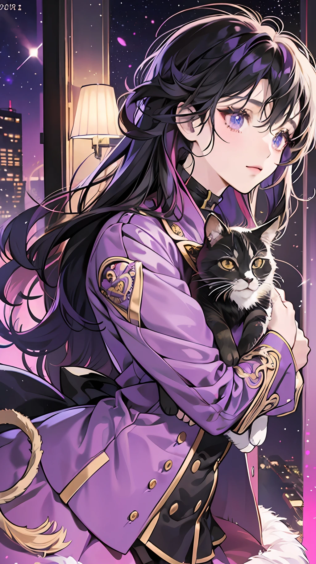 (((Anime style)))A 20 year old girl stands in a vibrant 8K HDR nightscape, in her room,beautiful room,her futuristic coat , new york city, her far black hair with purple highlights illuminated by the stars in the sky, as she holds a cute cat in her arms, her full body illuminated by the moonlight. --auto --s2