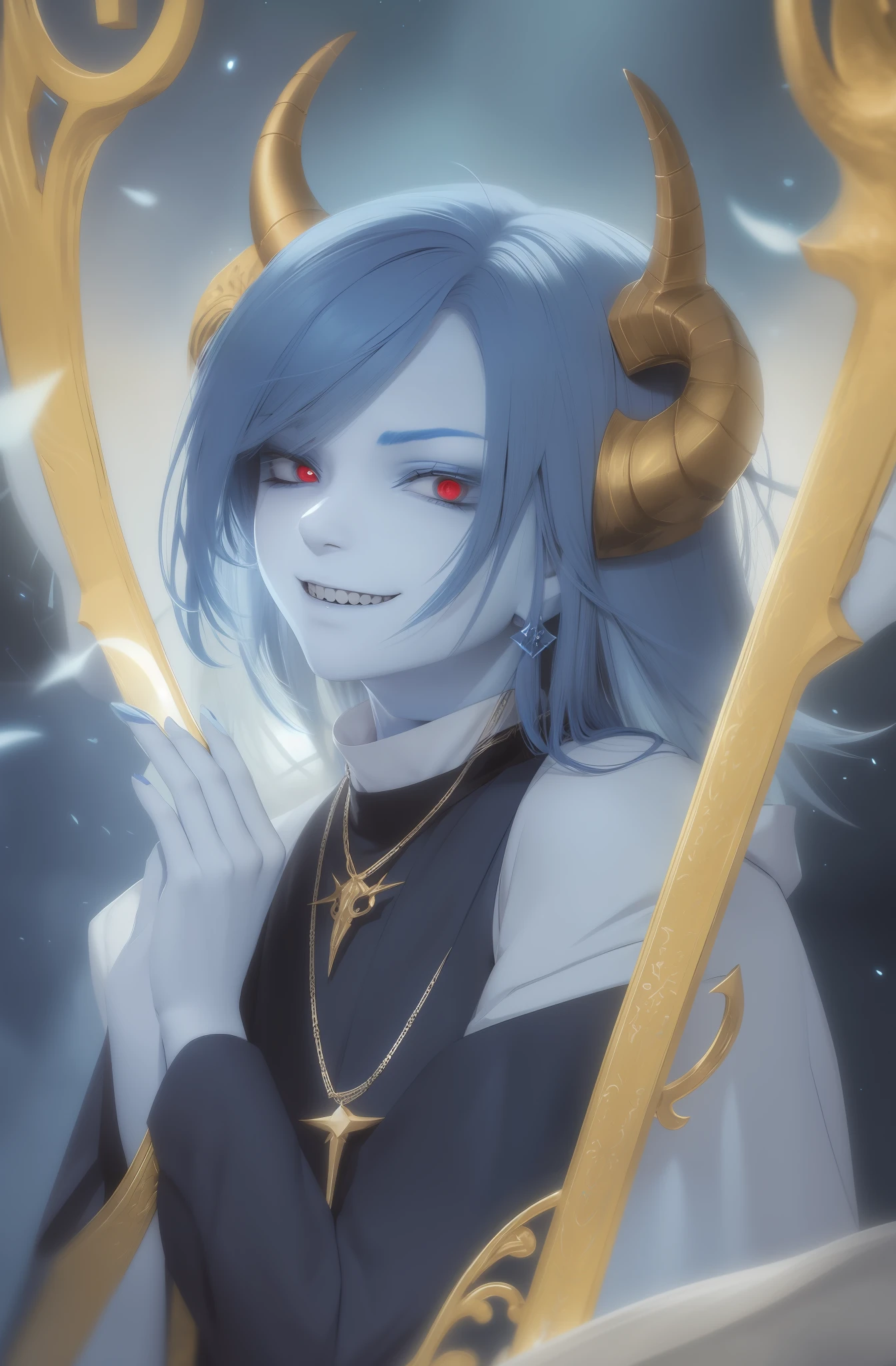 Demon man, blue hair, white skin, black devil horns, blue devil tail, elegant temperament, evil smile
