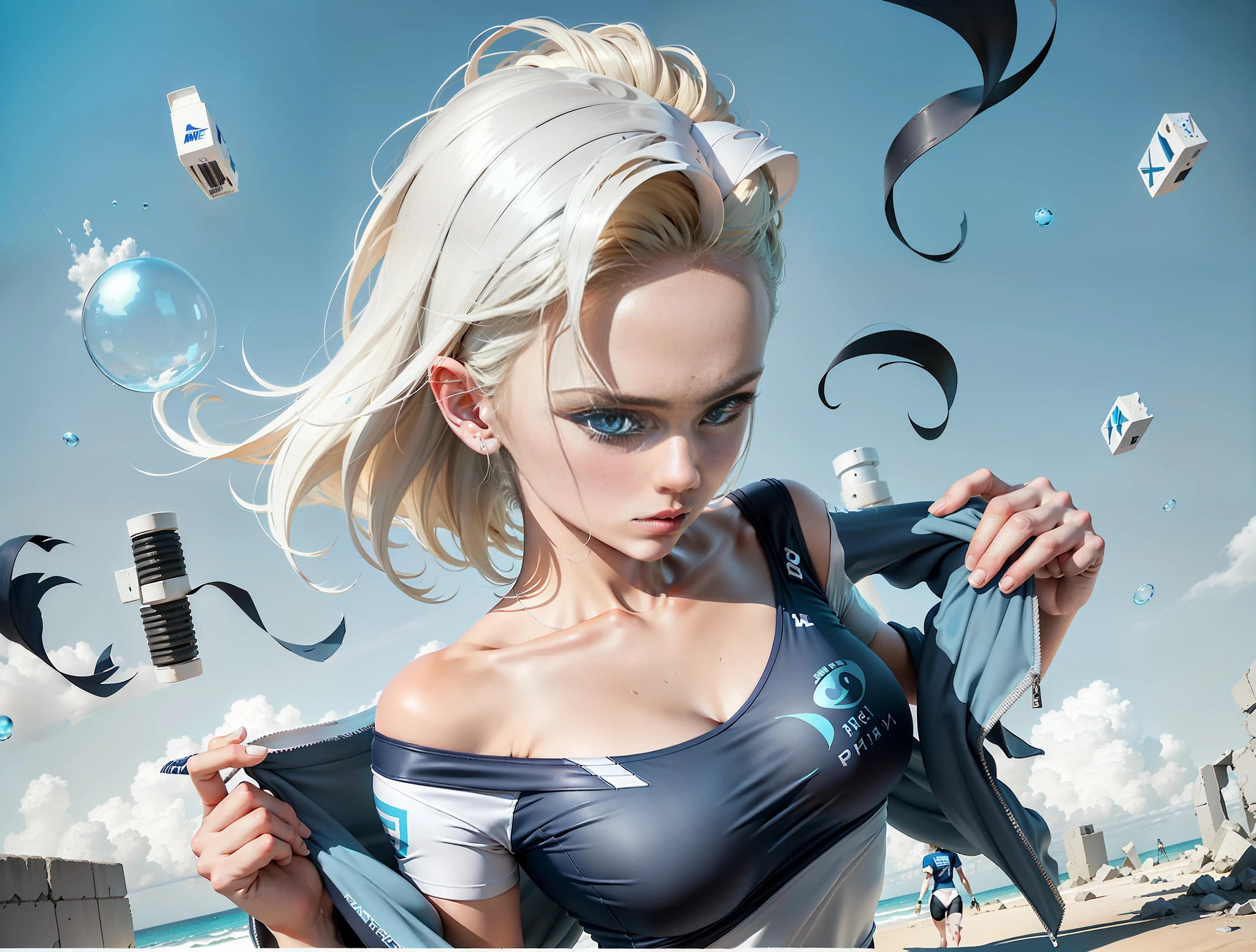 A stylish single summer sports T-hug design full of bubbles and fluffiness, 1 girl, short blonde hair, blue eyes, super delicate eyes, eye detail depiction, gaze looking at the audience, grim expression, blue coat, black underwear with the number 18 printed on the chest, big breasts, black tight underwear, super good figure, tearing blue coat action, real people, realistic, super live-action style, live-action photography, clear light and shadow, dusk light, real ruins background, cyberpunk ((white sea blue:1.3)+(Fashion:1.1)+(New Trendy:1.2)),(Nike logo),(Corona rendering),((Summer Sports T-Concept + Concept Art Design):1.3),(8K:1.3),(2:3 aspect ratio + warm Q2), (750 pixels),((Fashion elements):(1.1+ white navy blue T-shirt blended with fashion elements)), (Dynamics: 5)