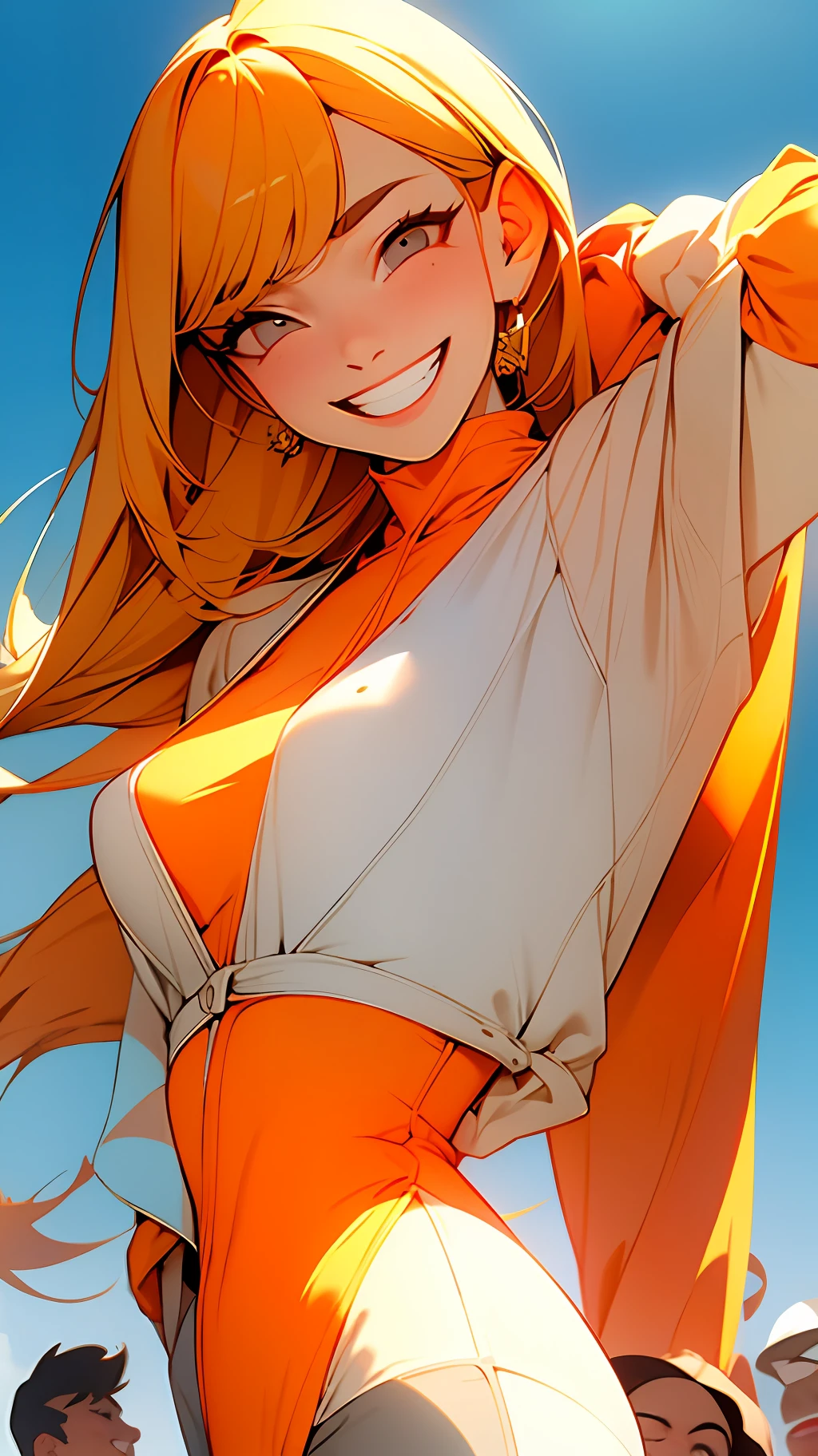 Man and woman in fashion trend outfit, split bangs, gray eyes, laughing, sunny, looking at the audience, horizontal perspective, centered, orange background, masterpiece, textured skin, high detail, best quality