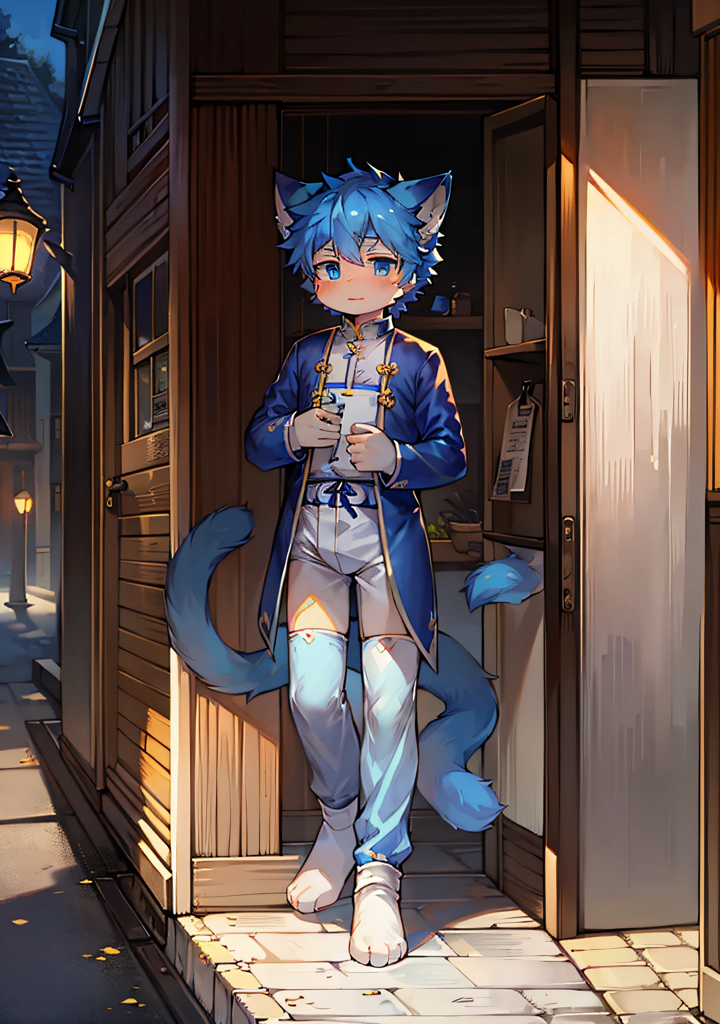 furry , cat boy, cat boy, cat boy, cat boy, little man, (long cat tail, nine tails), wearing socks, blue hair, light blue eyes, , national style clothes (blue), aoeu, aoeu, long cheongsam (outer garment), hanfu (outer garment), white clothes (inner shirt), boys, noble clothes (blue), cute, zhengtai, on the road