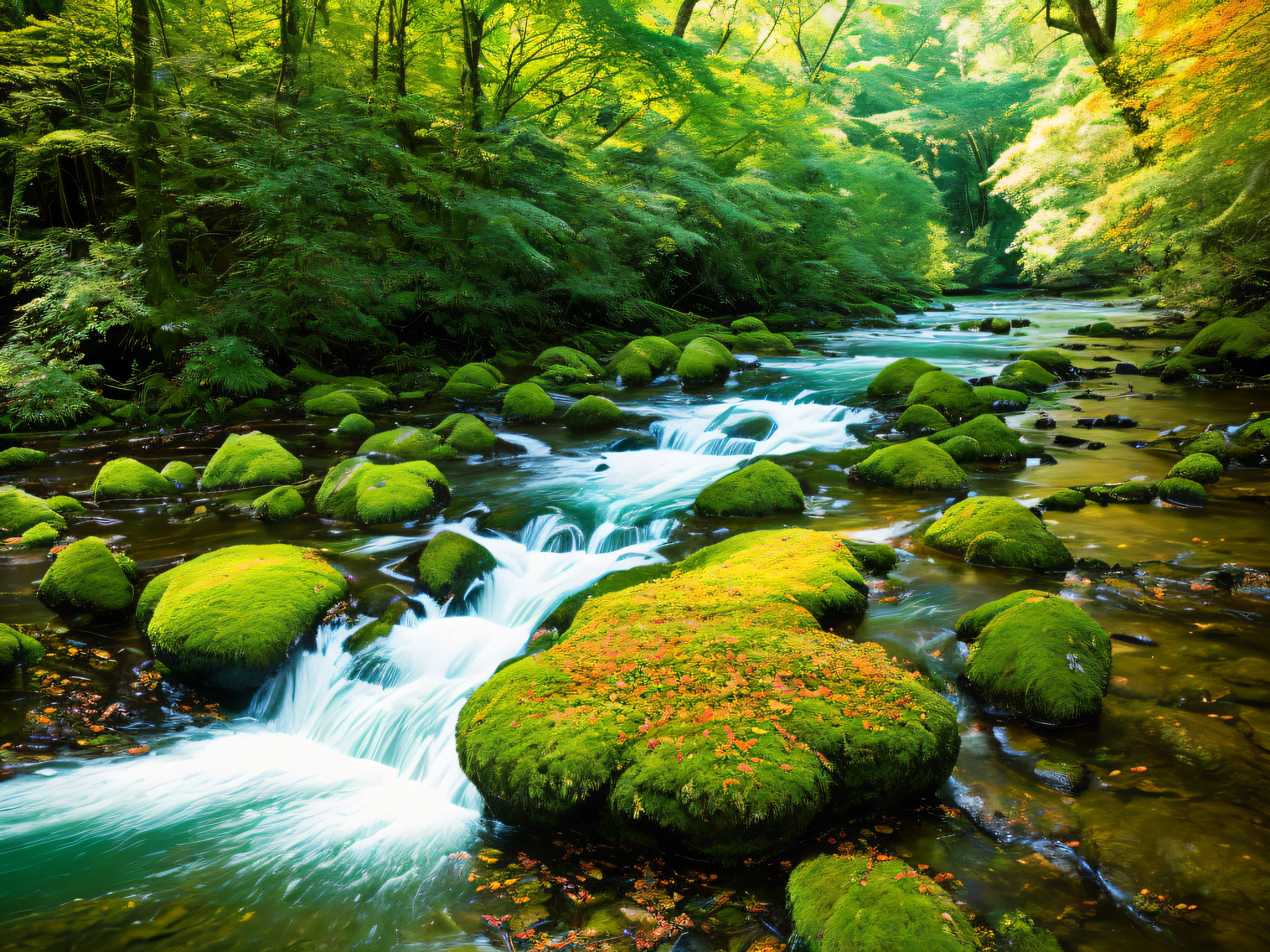 In the heart of a lush forest, a gentle stream merges with a raging river, creating a powerful force that cuts through the landscape. Amidst the calming sound of water and rustling leaves, a mystical spirit appears, emanating a beautiful light that illuminates the surrounding area. The spirit hovers above the water, with one hand delicately touching the surface, as if communing with the river's ancient energy. Its other hand is outstretched, as if beckoning the viewer to join in this otherworldly experience. The composition highlights the natural beauty of the forest, while the spirit adds an element of wonder and magic to the scene. The leaves on the trees are in various stages of fall, with vibrant reds and yellows creating a vibrant tapestry that contrasts with the deep greens of the forest. The details in the light effects create a sense of mystical ambiance, with the light scattering across the surface of the water, casting shadows on the river rocks below.