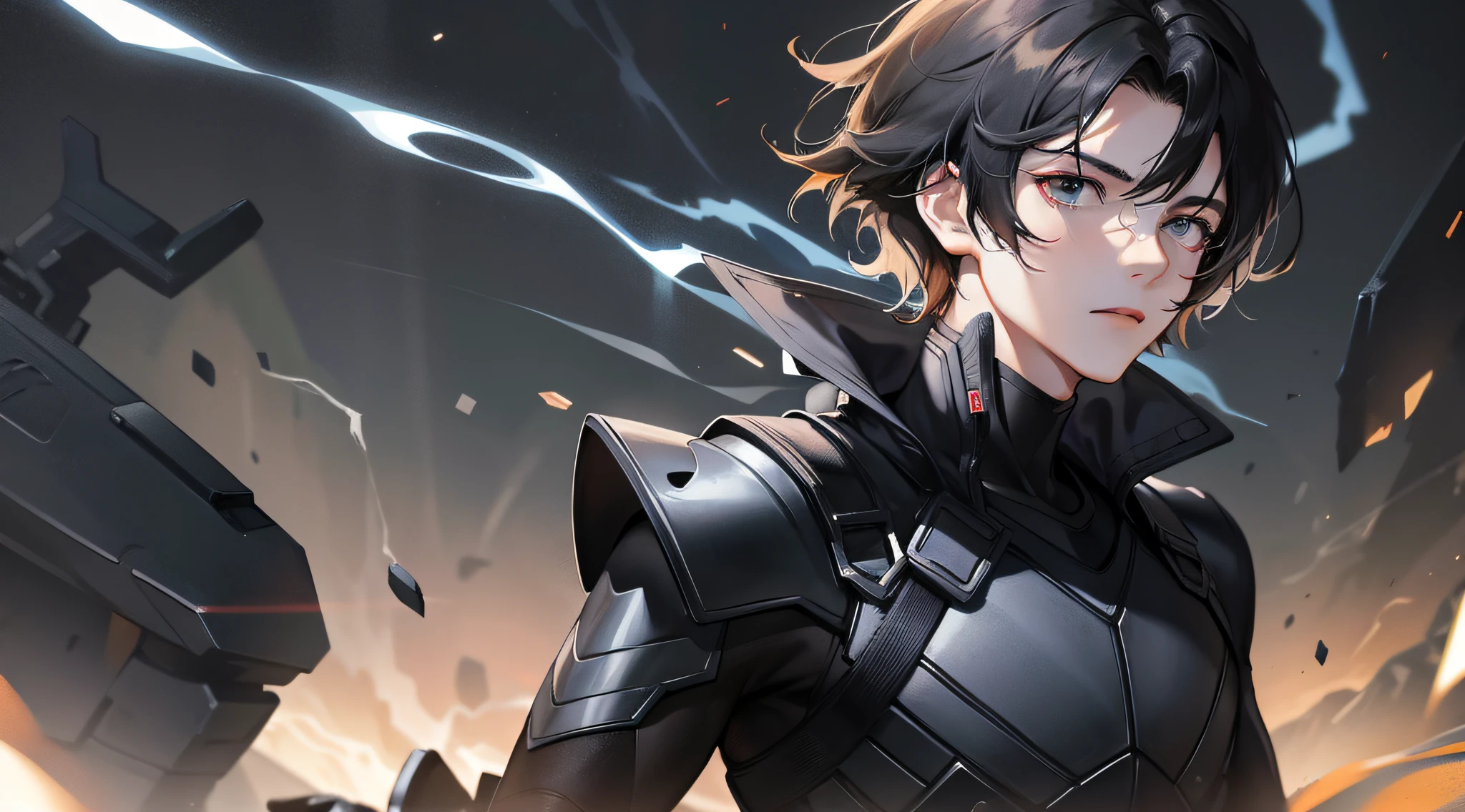 Black-haired young man, upper body, facing forward, hand supporting chin, thinking, black storm suit, expression calm.