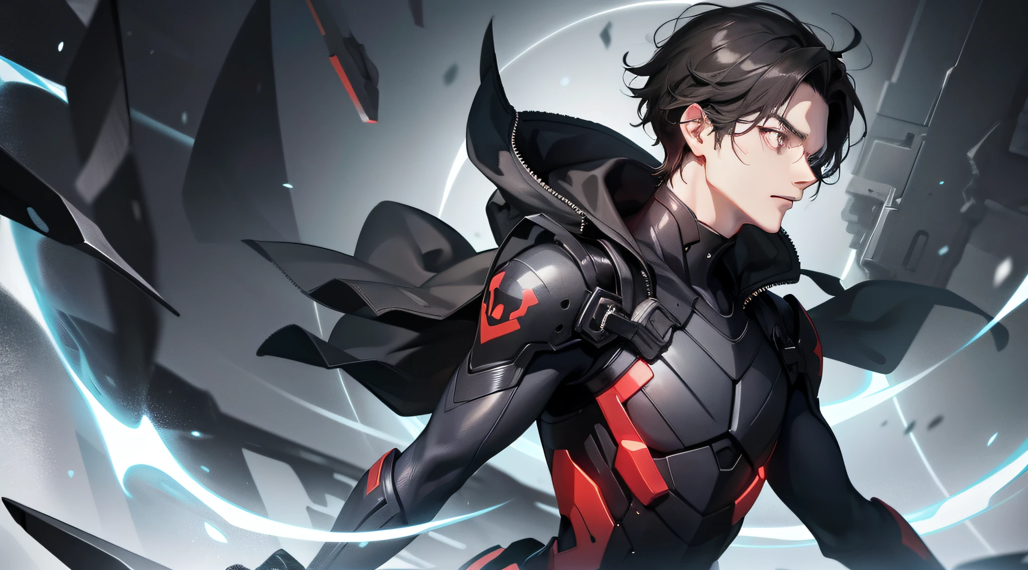 Black-haired young man, upper body, facing forward, hand supporting chin, thinking, black storm suit, expression calm.