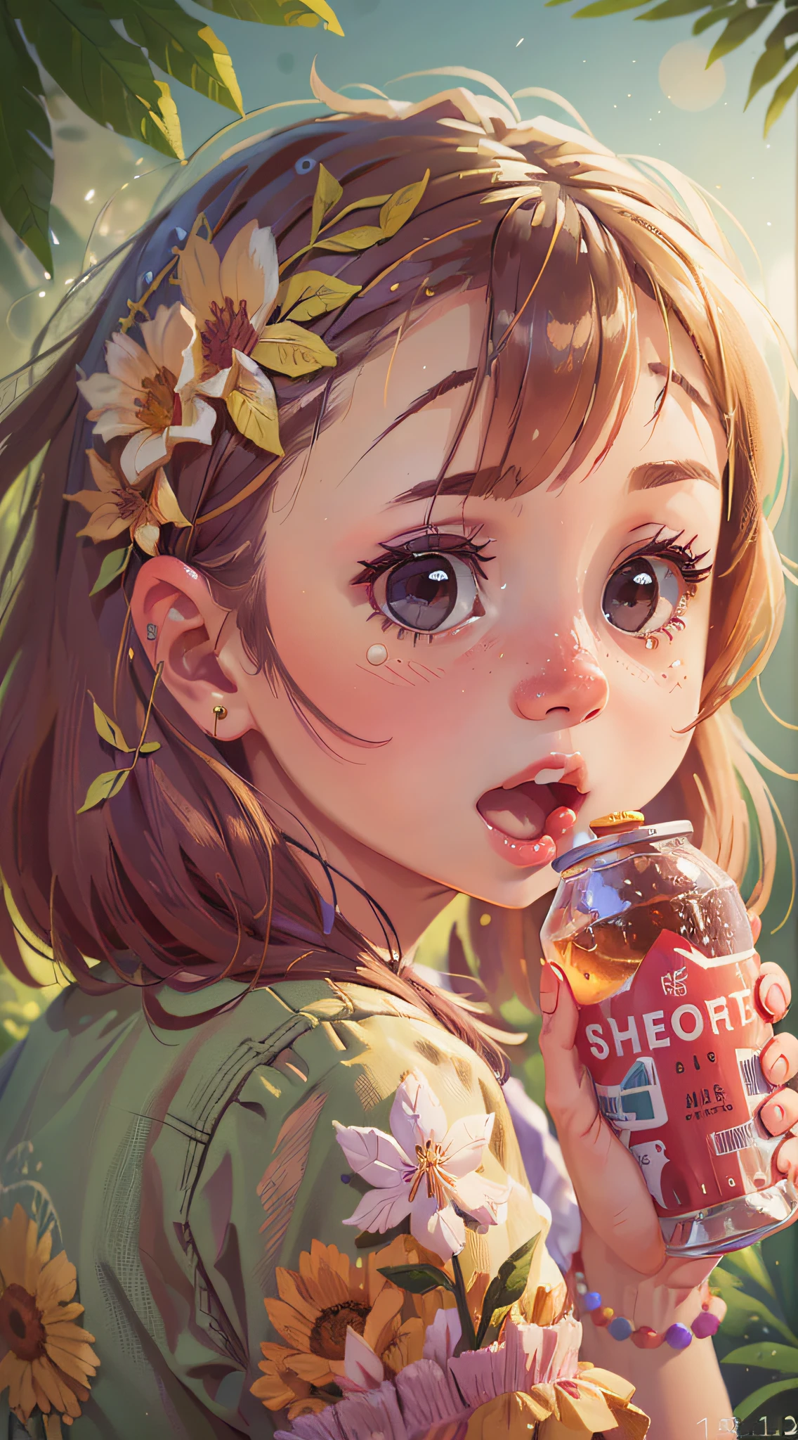 Girl, soda, happy, Perfect quality, clear focus (clutter-home: 0.8), (masterpiece: 1.2) (Realistic: 1.2) (Bokeh) (Best quality) (Detailed skin: 1.3) (Intricate details) (8K) (Detail eyes) (Sharp focus), (Happy)