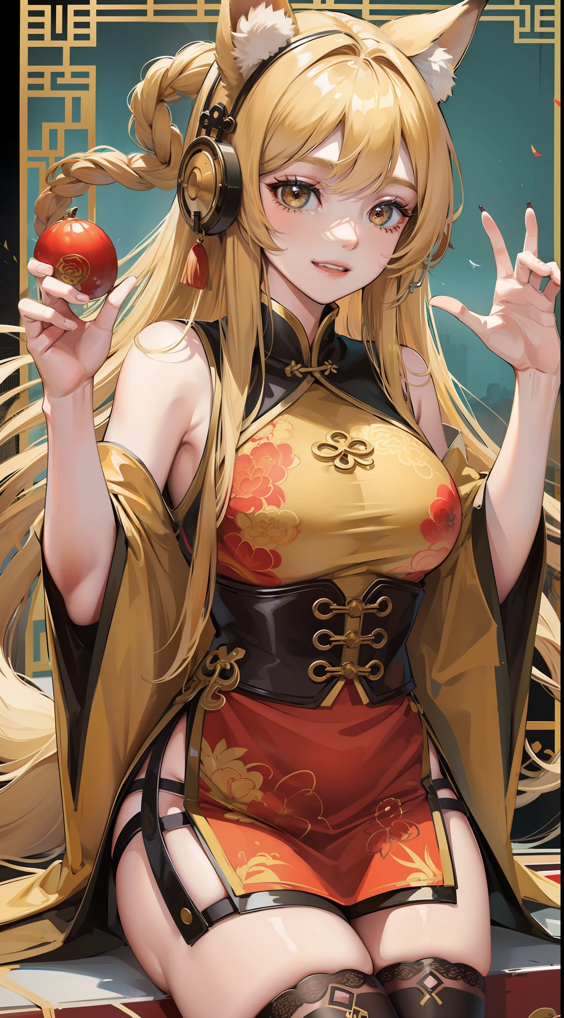 Adult girl, long lush blonde hair, brown eyes, wolf ears, Chinese clothes, sleeveless, cheerful look, smile, masterpiece, high quality