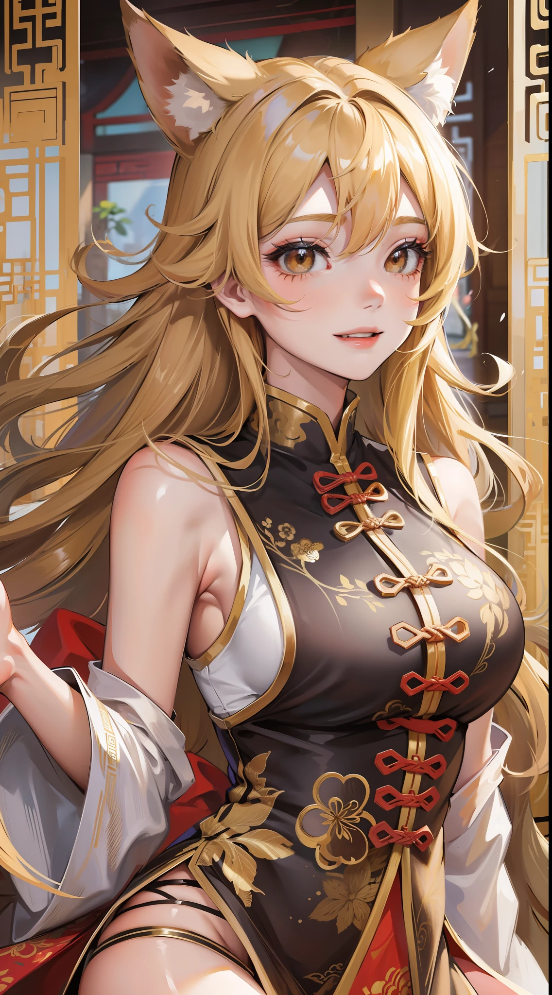Adult girl, long lush blonde hair, brown eyes, wolf ears, Chinese clothes, sleeveless, cheerful look, smile, masterpiece, high quality