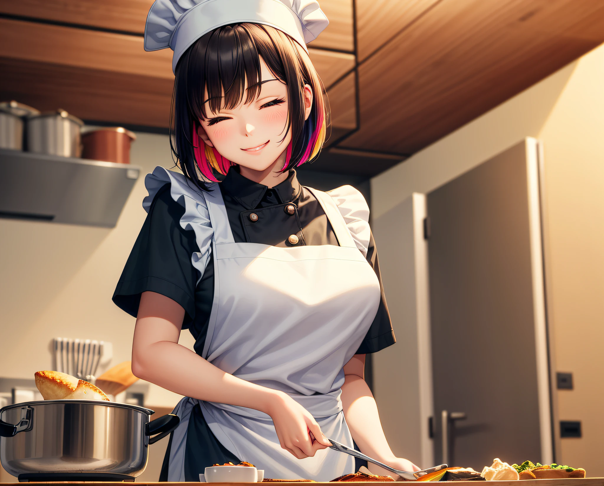 Masterpiece, best quality, 1girl, portrait, upper body, happy smile, eyes closed, (hands on desk), bob cut, multicolored hair, (chef hat, cooking apron:1.2), (standing in nice kitchen, cooking), (oven),