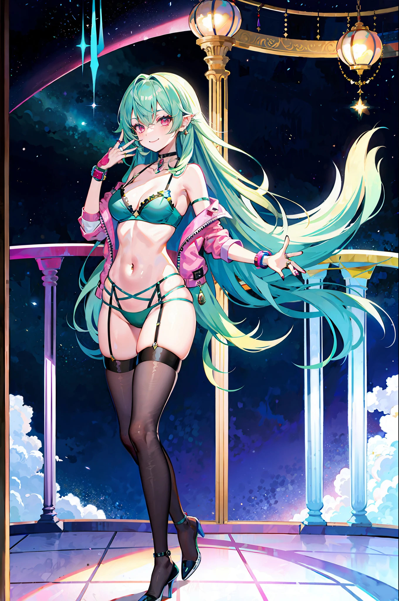 Night city, rays, masterpiece, best quality, full body, 1girl, bangs, blush, breasts, collarbones, ear piercings, eyebrows visible through hair, (gradient green hair), smirk, jewelry, long hair, looking at the viewer, piercings, (half-naked), (sexy underwear), (mesh stockings), pink eyes, ring, smile, solo, balcony, sky, illustration, fashionable, woman, bright, posing, frontal, colorful, dynamic, background, elements, confident, expression, Retention, Statement, Accessory, Majestic, Rolled, Around, Touch, Scene, Bold, Eye-catching, Stylish, Catchy, Bigger, Vibrant, Modern, Fashionable, Focus, Fashion