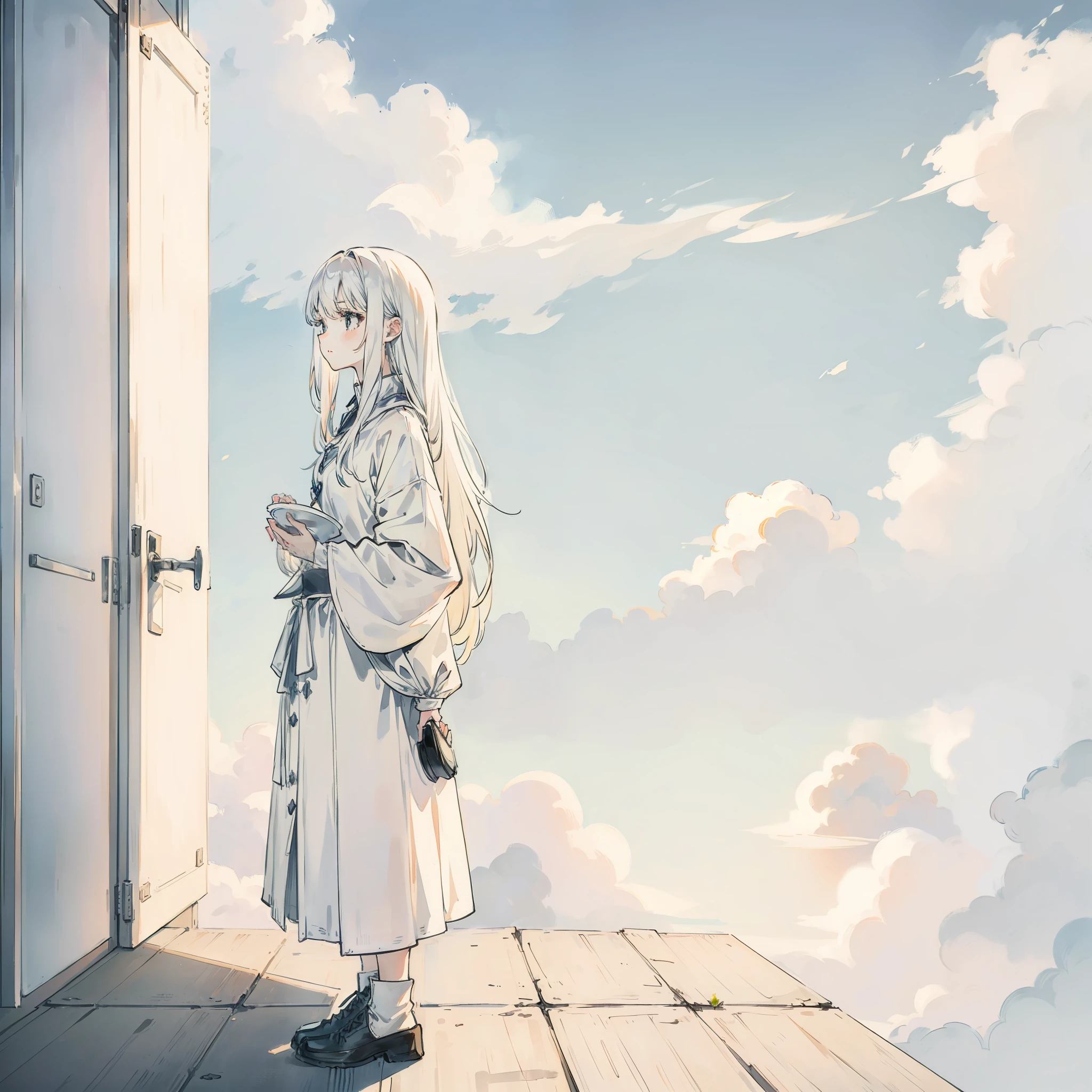 /girl, (long white hair 1.3), holding a plate in hand, standing in front of the door, looking at the sky, clouds