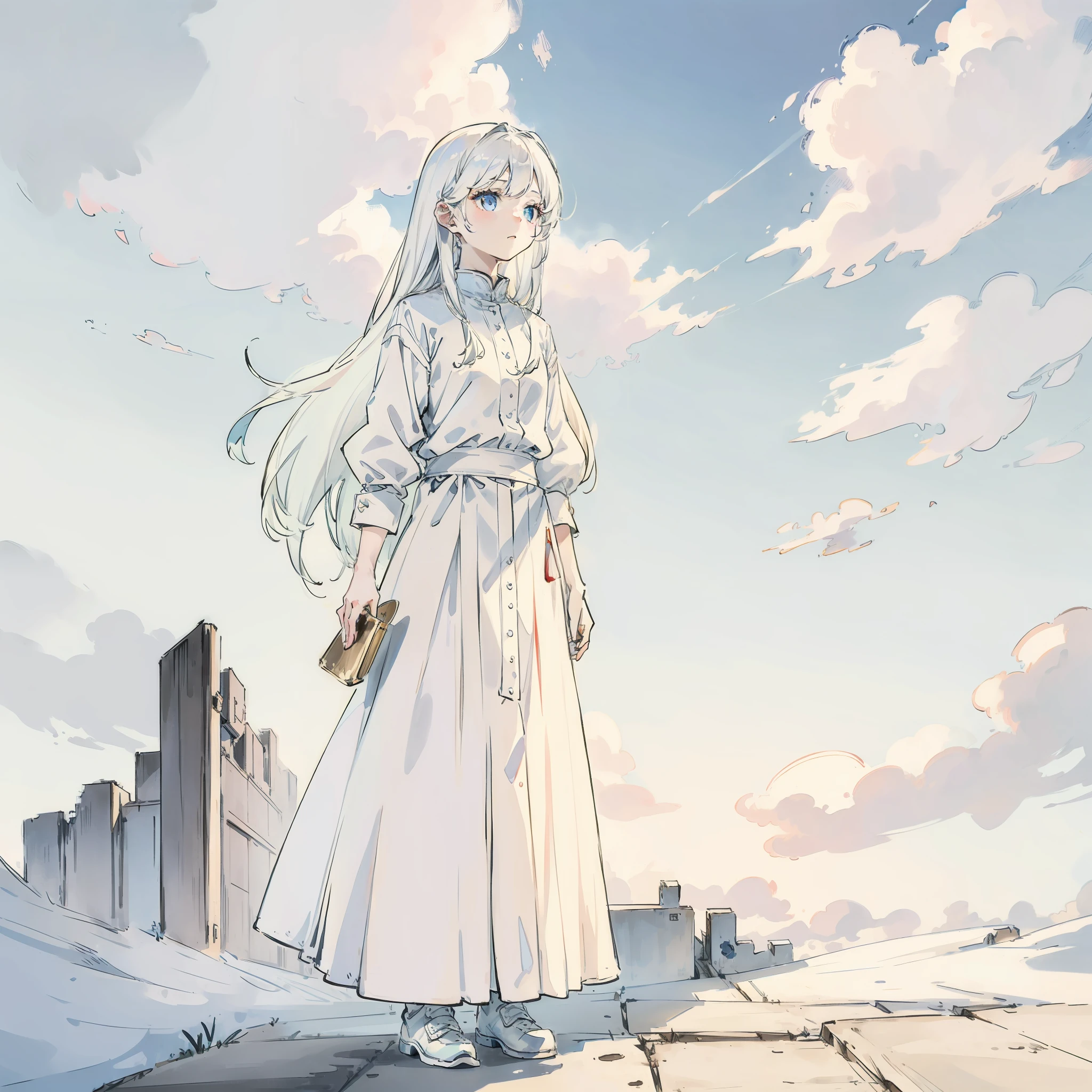 /girl, (long white hair 1.3), holding a plate in hand, standing in front of the door, looking at the sky, clouds