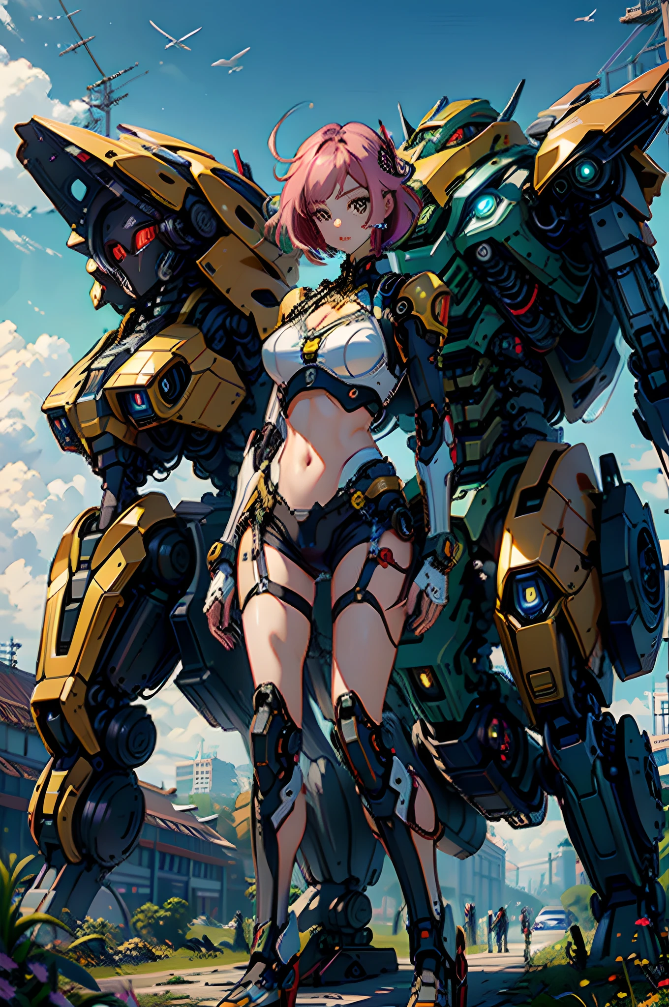 ((masterpiece, better quality)),illustration,ultra detailed 8k,photorealistic,sharp focus,very detailed,professional lighting,colorful details,iridescent colors BREAK extremely long plan of a factory,large mechanical robot construction,microchip,computer,glossy, intricate details,shitu-mecha,1girl stands next to Mecha, Gundam, navel, cute, sexy, eyes ultra detailed,