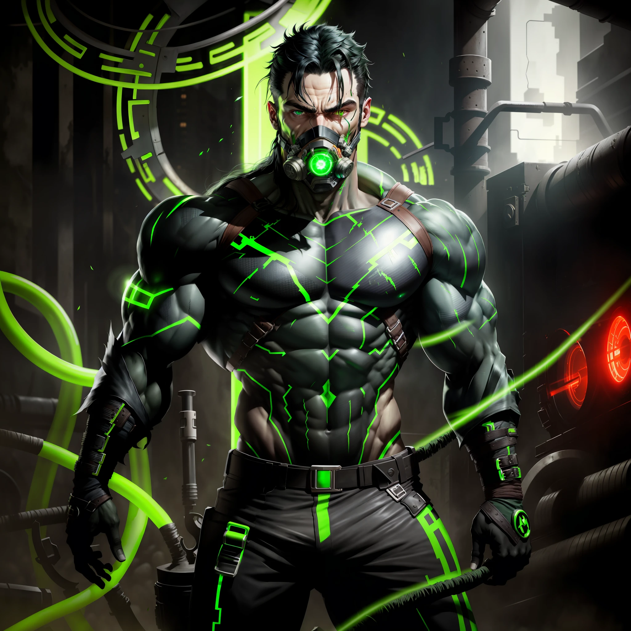 Bane, exposed skin, bulging veins, tearing hair, muscles growing, green and black hair, bright eyes, green eyes,