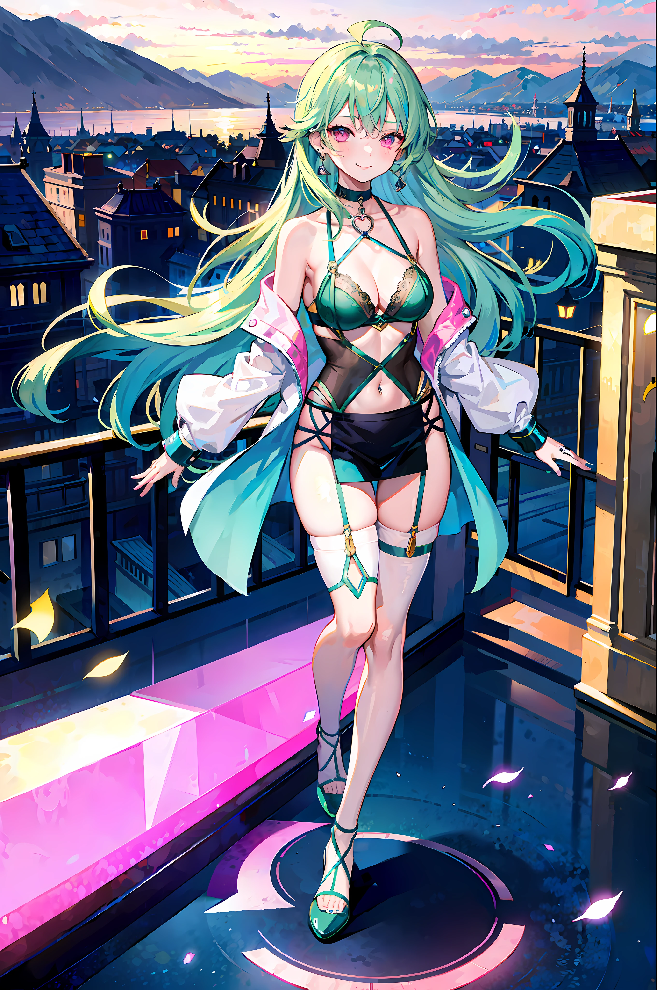 Night city, rays, masterpiece, best quality, full body, 1girl, bangs, blush, breasts, collarbones, ear piercings, eyebrows visible through hair, (gradient green hair), smirk, jewelry, long hair, looking at the viewer, piercings, (half-naked), (sexy underwear), (mesh stockings), pink eyes, ring, smile, solo, balcony, sky, illustration, fashionable, woman, bright, posing, frontal, colorful, dynamic, background, elements, confident, expression, Retention, Statement, Accessory, Majestic, Rolled, Around, Touch, Scene, Bold, Eye-catching, Stylish, Catchy, Bigger, Vibrant, Modern, Fashionable, Focus, Fashion