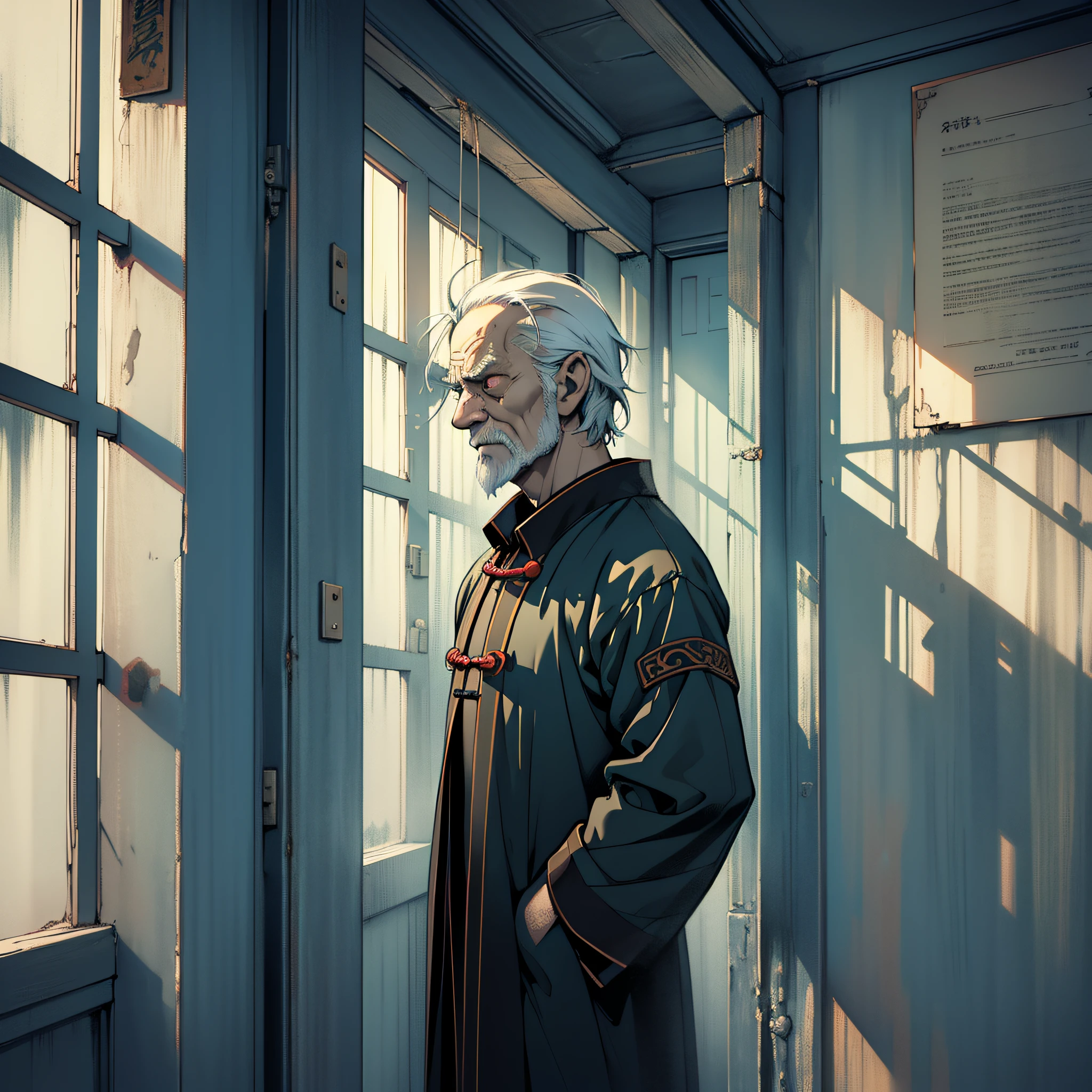 Old man, moist eyes, standing, looking out the window, room background, Taoist dress, horror atmosphere, sense of shade, sense of desolation, doomsday atmosphere, cold colors, dim light, flat lines