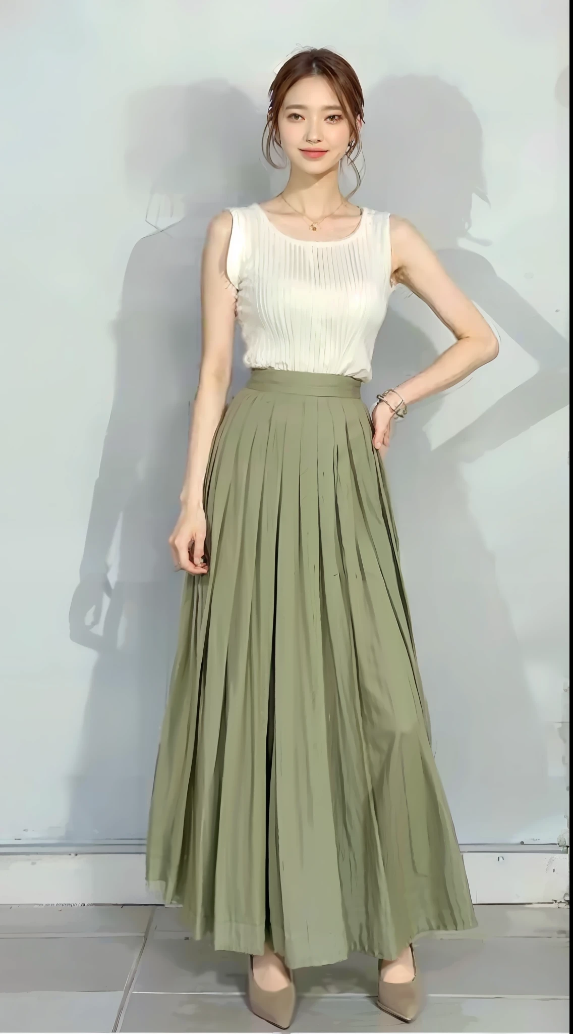 arafed woman in a green skirt and white shirt holding a beige purse, long skirt, dressed in long fluent skirt, wide skirts, pleated skirt, white shirt and green skirt, dressed with long fluent clothes, olive green, skinny waist and thick hips, wearing a tanktop and skirt, thin-waist, korean women's fashion model, wide leg hakama trousers