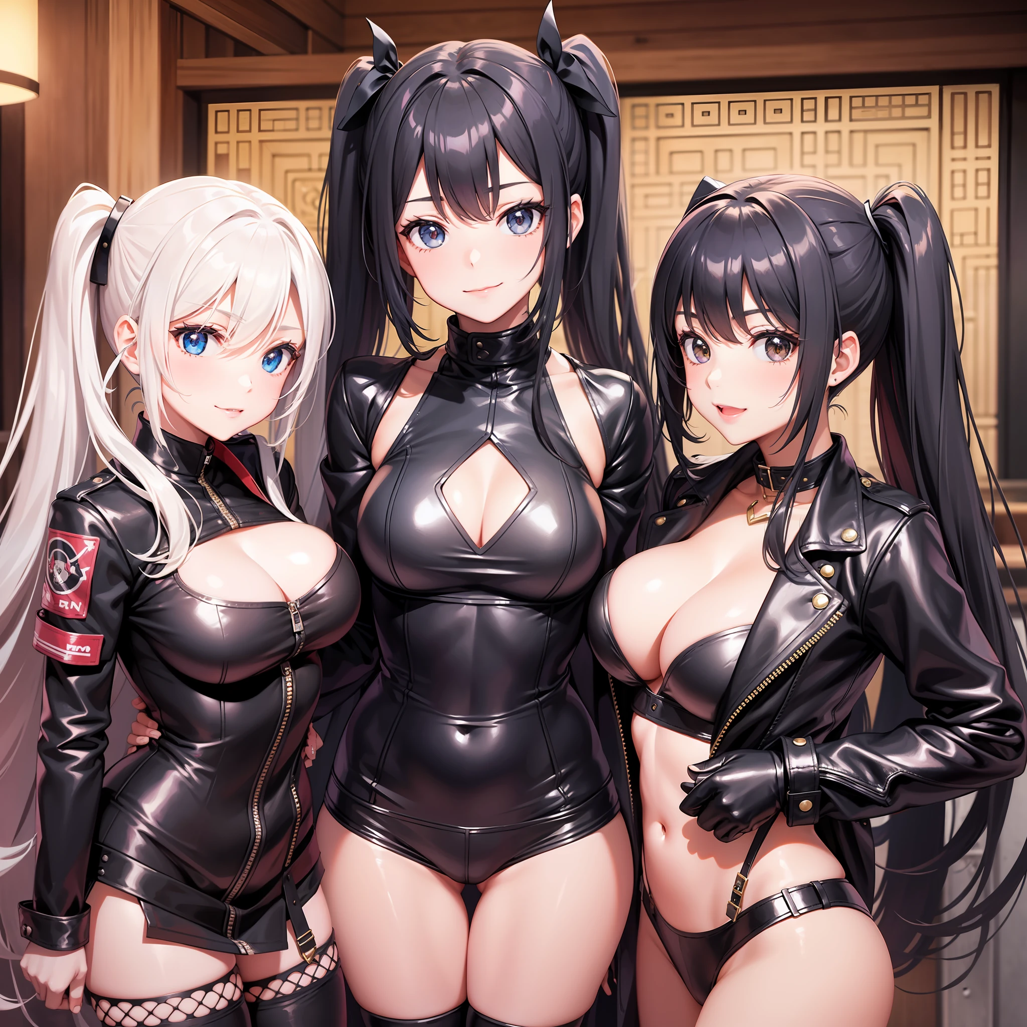 Harem Multiple Girls Smile Top Quality Masterpiece Long Hair Ponytail Twin Tails Leather Jacket Big Tits