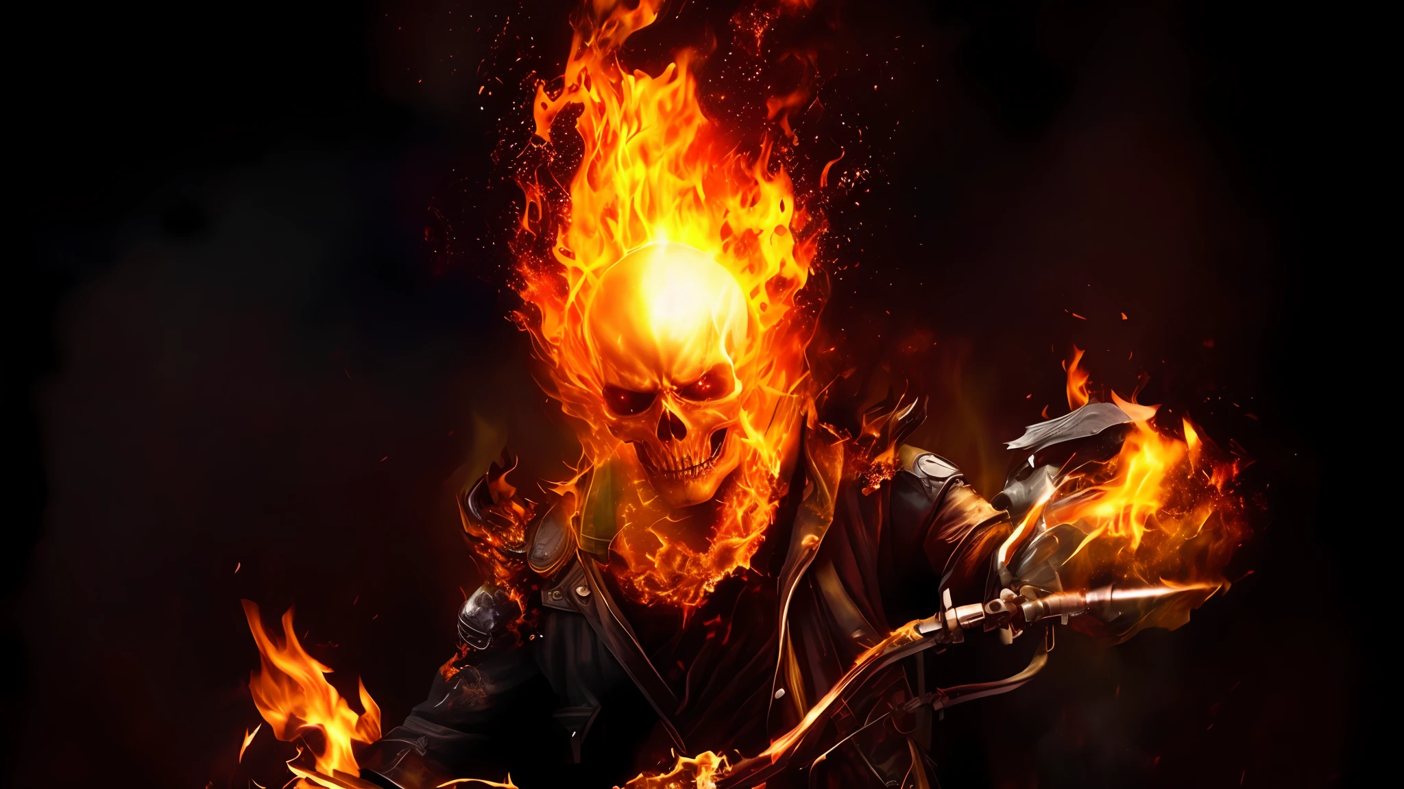 arafed image of a man riding a motorcycle with flames on his face, ghost rider, flaming skull, flaming grim reaper, fiery skull contemplating life, burning in hell, fires!! hyperrealistic, amazing, hell fire, flame conjuring, hellfire, joe biden in hell, hellfire background, avatar image, profile image, fan art, intense smoldering