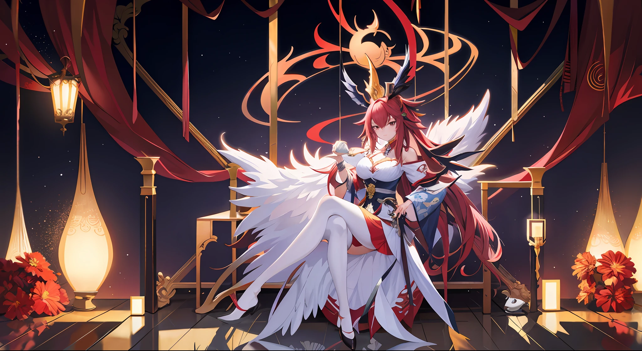 Anime - Style image of a woman sitting on a throne with a glass of wine, ''Wallpaper of a resting phoenix, Rias Gremory, by Arknights, trending on ArtStation Pixiv, Onmyoji Detailed Art, Best Anime 4k Konachan Wallpaper, 8k High Quality Detailed Art, ''Wallpaper of a Phoenix, Anime Goddess, Anime Art Wallpaper 8K