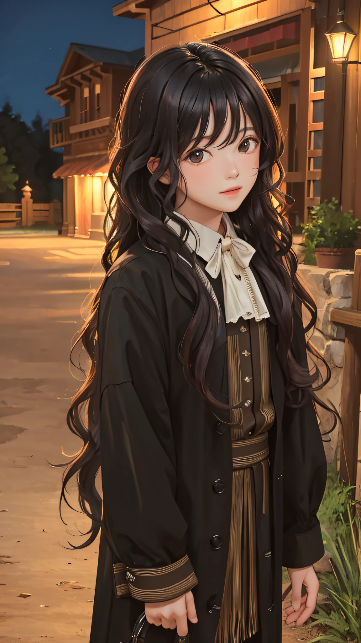 (masterpiece:1.2), (best quality:1.2), night, (looking at viewer), bright skin, cowboy shot, 
outdoors, fringe, 
long hair, (wavy hair),