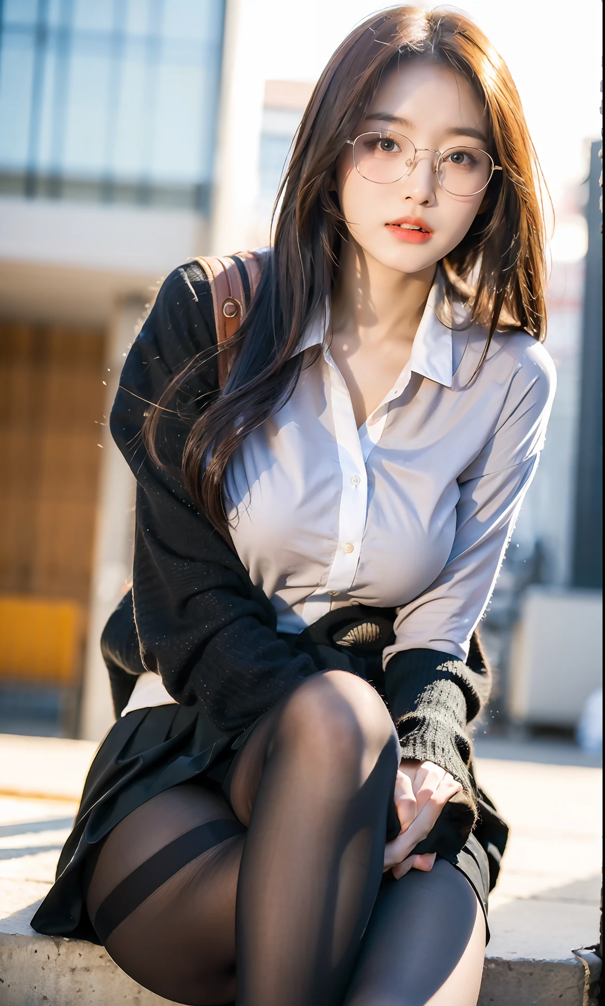ulzzang-6500-v1.1, (raw photo:1.2), (photorealistic:1.4), beautiful detailed girl, very detailed eyes and face, beautiful detailed eyes, ridiculous, incredibly ridiculous, huge file size, super detailed, high resolution, very detailed, best quality, masterpiece, ((summer fashion clothes in different colors)), illustration, very detailed, CG, unified, 8k wallpaper, amazing, fine details, Masterpiece, best quality, very detailed CG uniform 8k wallpaper, face light, movie lighting, 1girl, 16 years old, long white hair, side split, (big breasts), (no panties)), (glasses), (dynamic pose)), (sexy pose), (camel toe), (half), (pantyhose), (black hip skirt)), (bent knees and legs sitting))