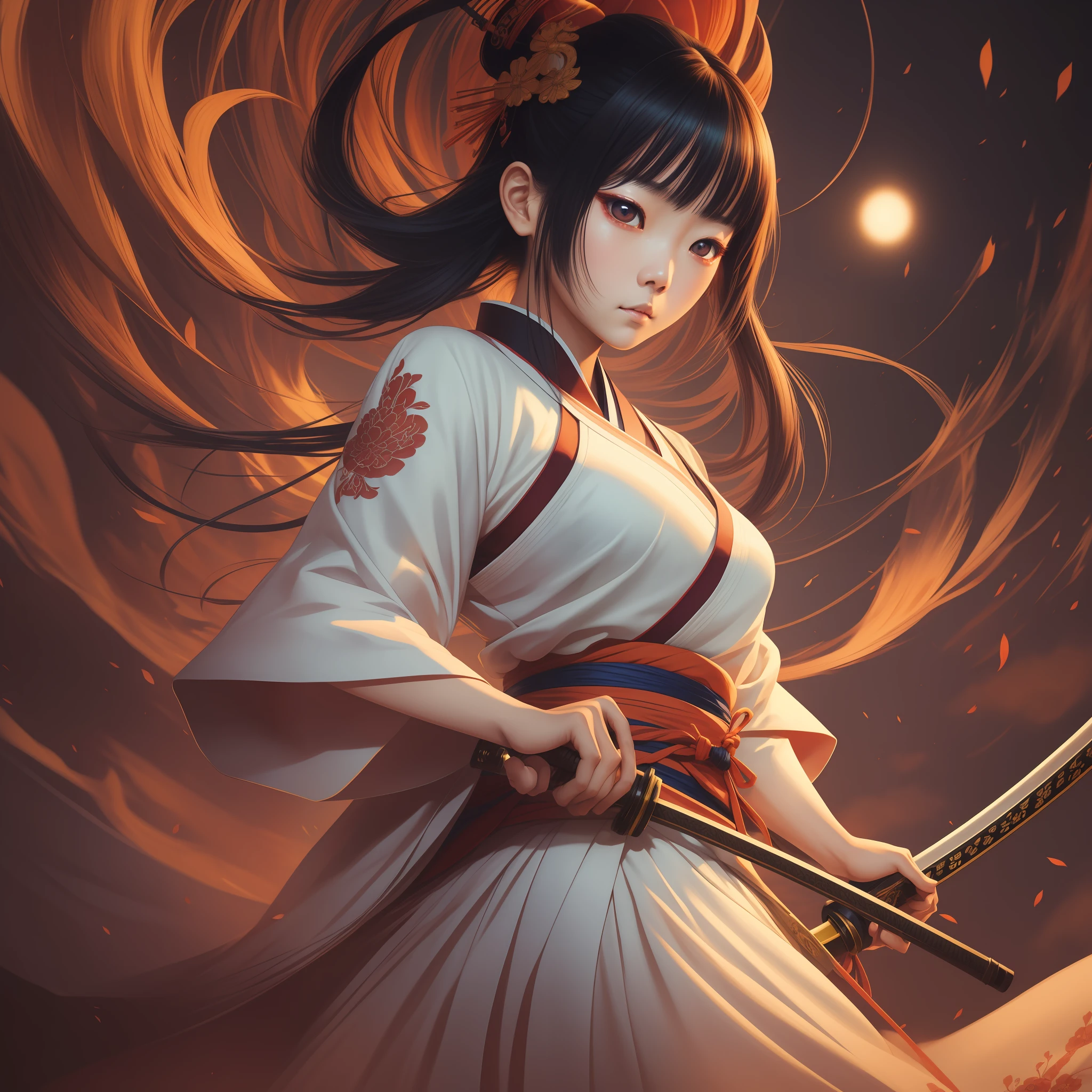 a cute korean girl with big eyes.
samurai, katana, concept art by takato yamamoto, smooth, cinematic lighting, hyper realism, masterpieces, lush vivid colors, back lighting hair, back lighting, volumetric lighting, warm colors, contrast, mystical, fantasy, rough shading, dynamic lighting, lights, detailed