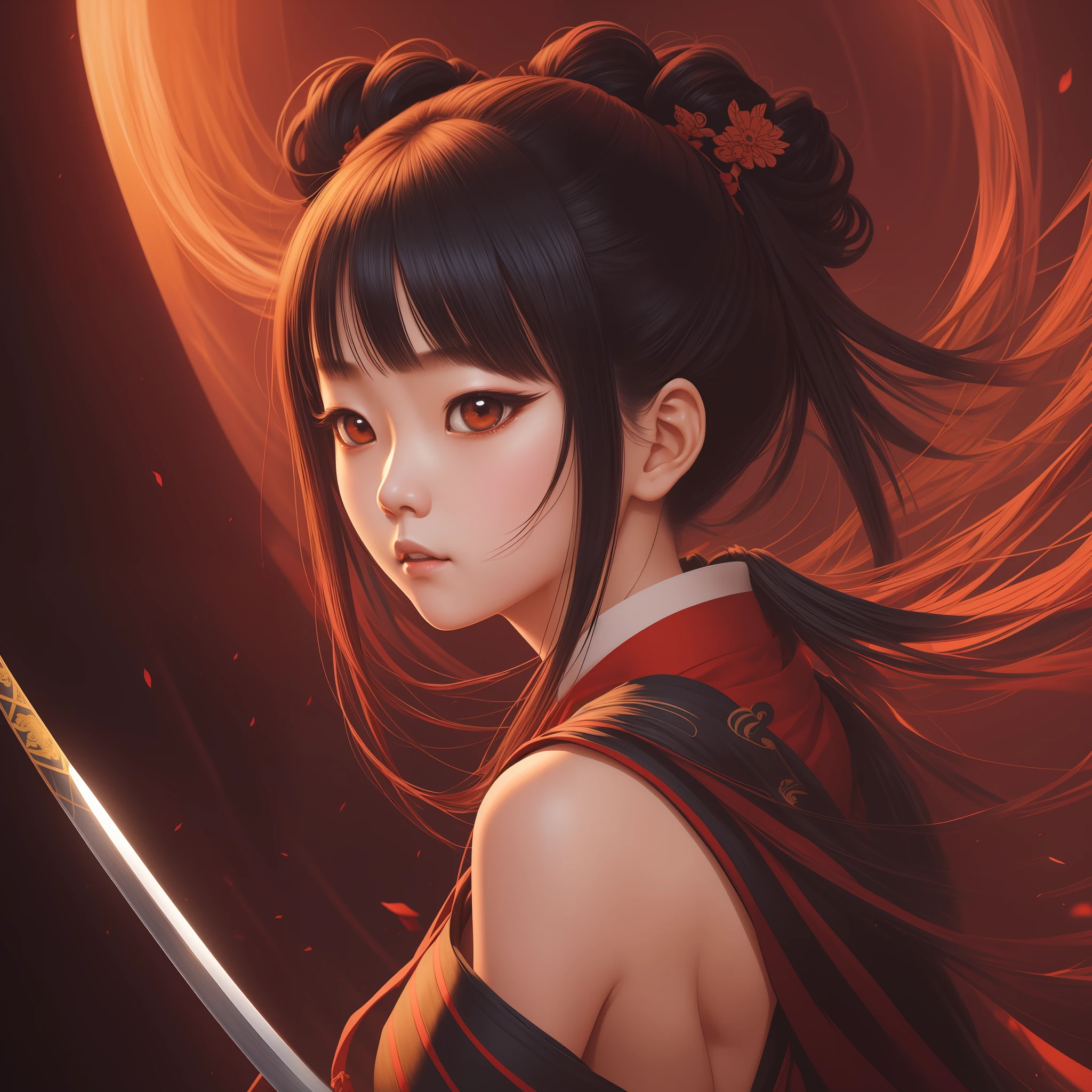 a cute korean girl with big eyes.
samurai, katana, concept art by takato yamamoto, smooth, cinematic lighting, hyper realism, masterpieces, lush vivid colors, back lighting hair, back lighting, volumetric lighting, warm colors, contrast, mystical, fantasy, rough shading, dynamic lighting, lights, detailed
