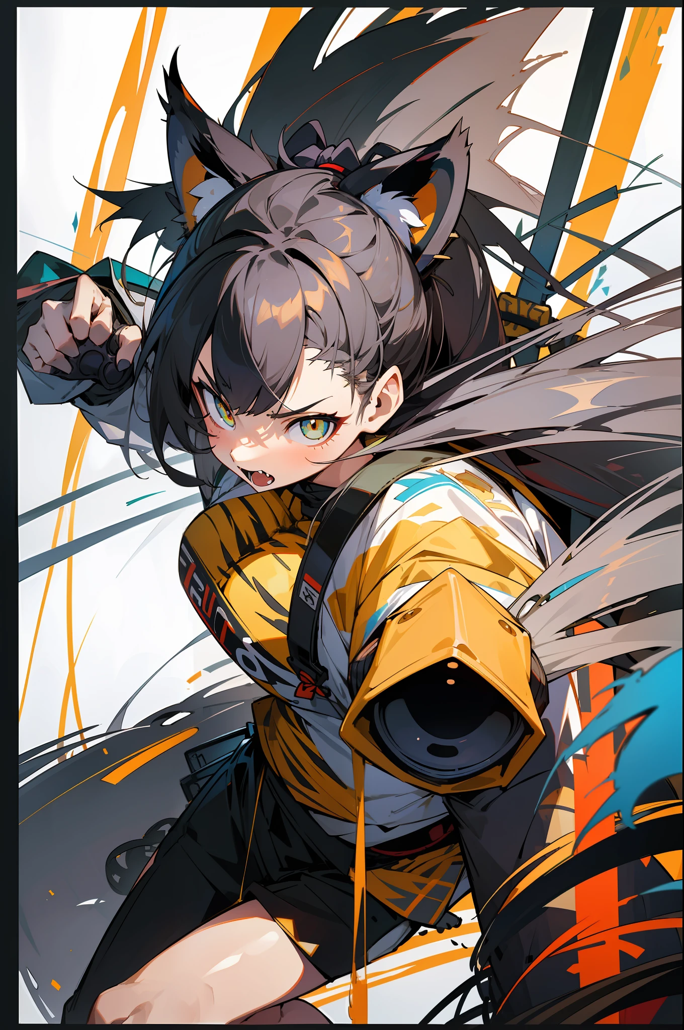 master-piece,hyper quality,hyper detailed,perfect drawing,1 beautiful girl, tiger print bikini, tiger ears, tiger tail, tiger palm, tiger paws, tiger fingers, sharp claws, sharp fangs, hunter's eyes aiming at prey, black hair and blonde mesh, sharp eyes, height 177cm, three sizes B95W60H90, (extra huge Oversize Cool samurai_sword in hands, extra huge cool weapon machine)), open stance, action pose, Perth the Brave
